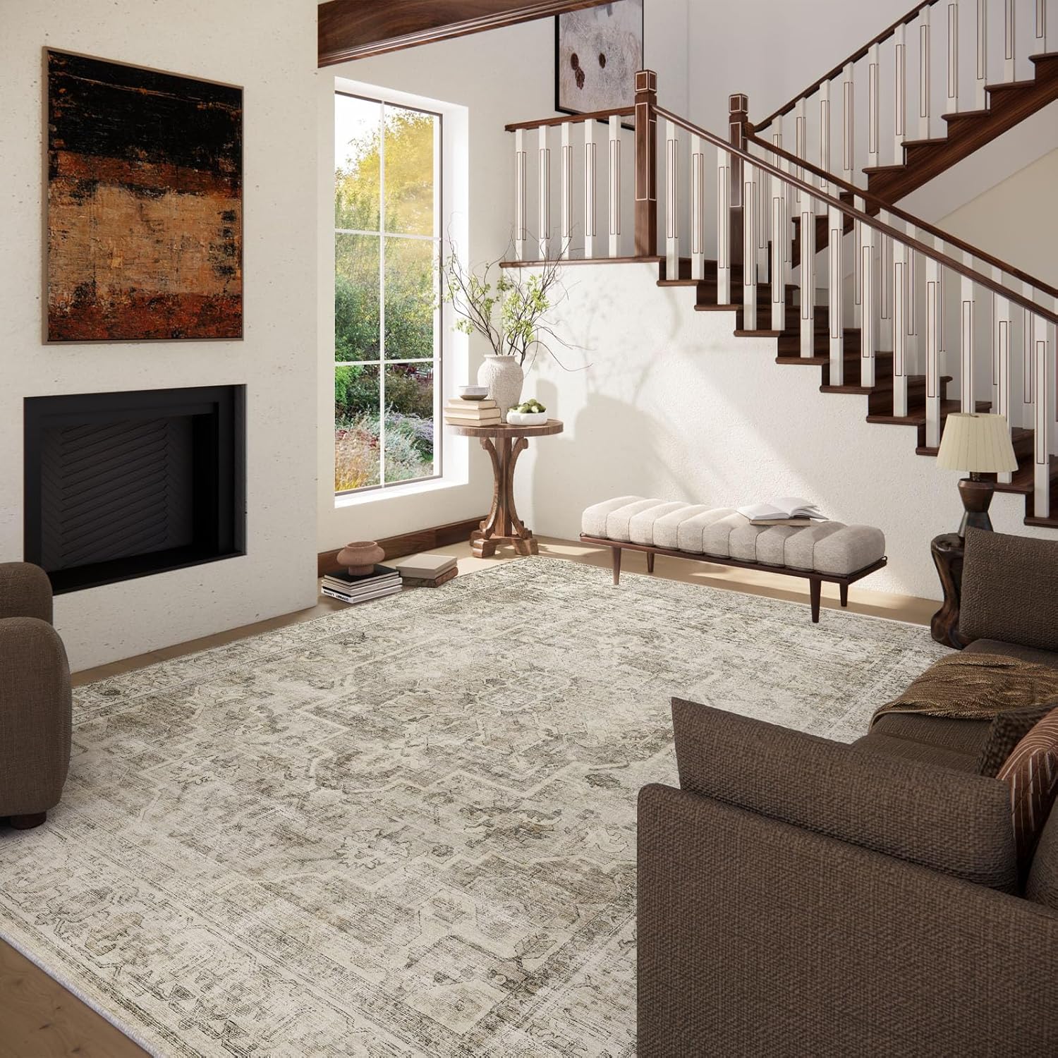 Thumbnail 1 de Washable 10x14 Boho Vintage Area Rug — Non-Slip, Stain-Resistant, Low-Pile Comfort for Busy Homes