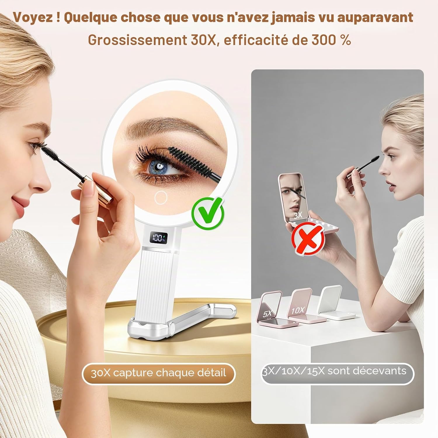 Detalle 2 de Miroir de voyage grossissant 30x avec lumière LED – compact, rechargeable et portable