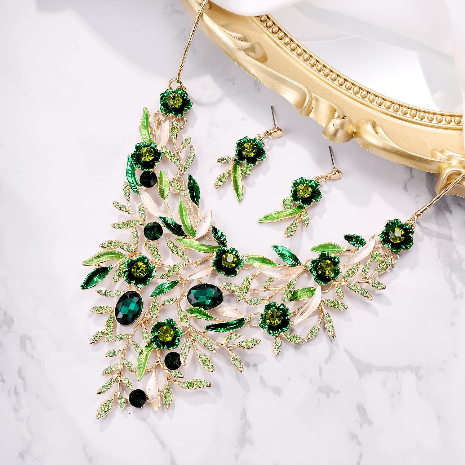 Thumbnail 2 de Clearine Parure de Bijoux Mariage Émail Cristal Fleur Longues Feuilles – Collier et Boucles d'Oreilles