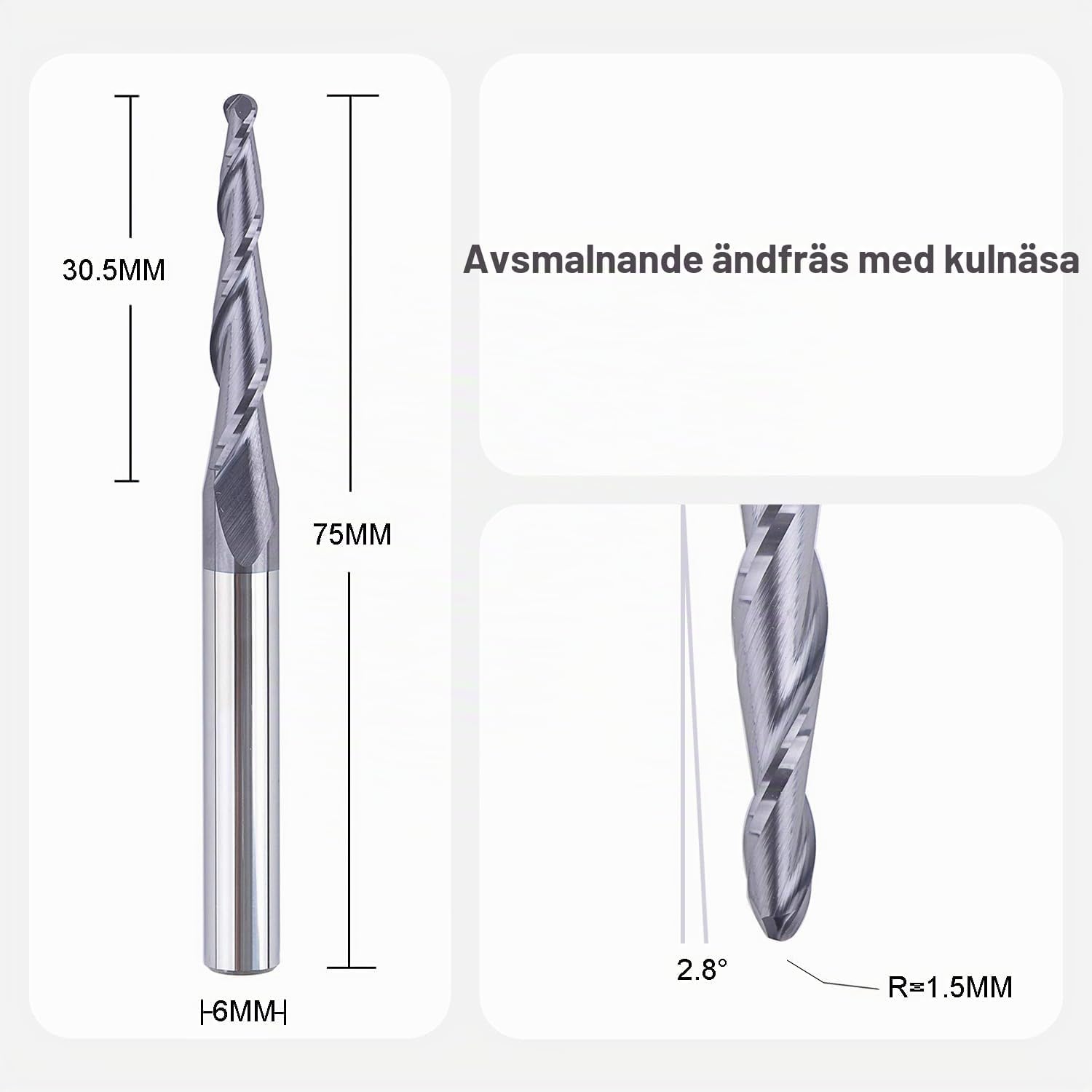 Thumbnail 1 de SpeTool R1.5X30.5XD6 konisk kulfräs med 2 skär och TiAlN-beläggning