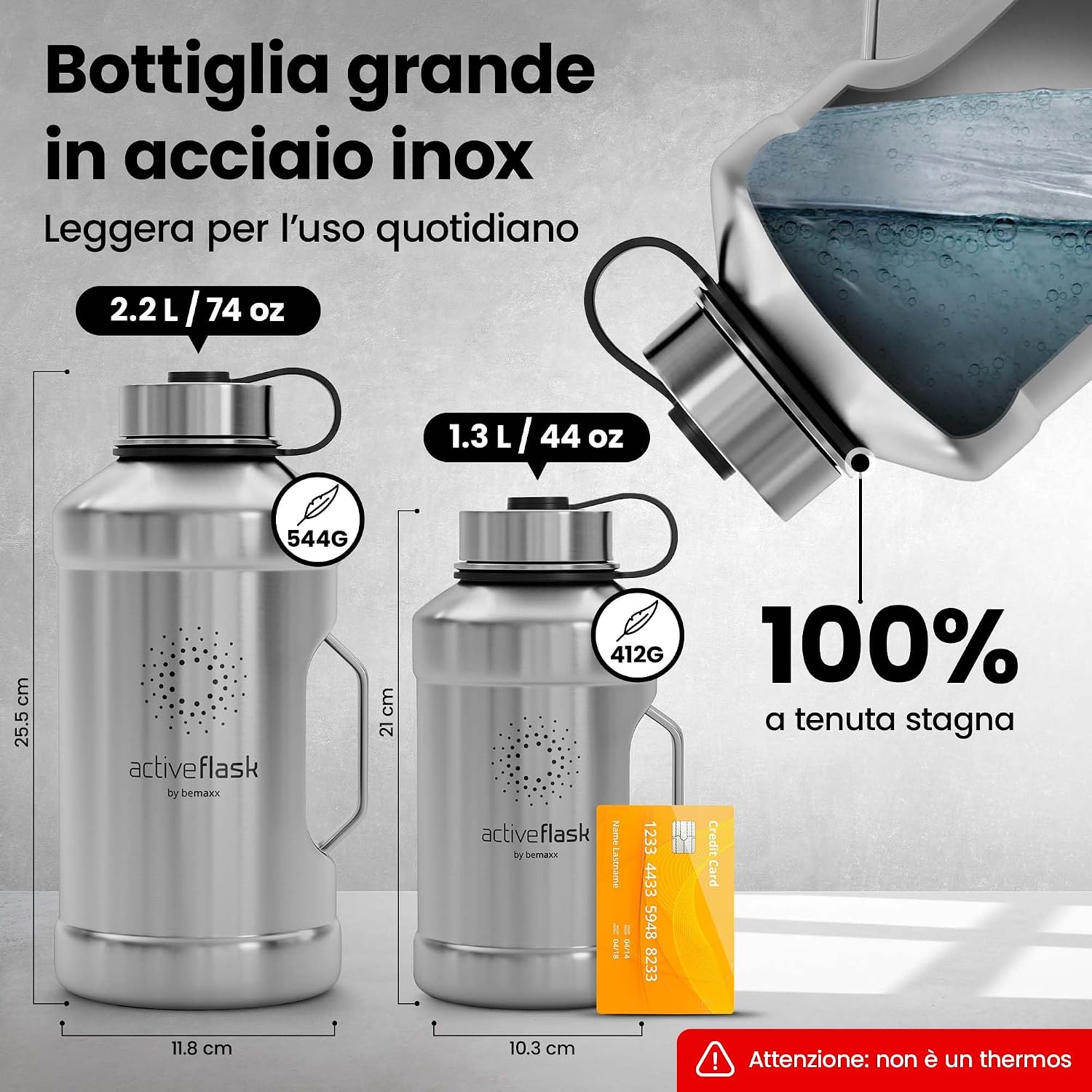Detalle de Active Flask XL 1,3 L: borraccia in acciaio inox con cannuccia e 3 tappi, resistente a perdite