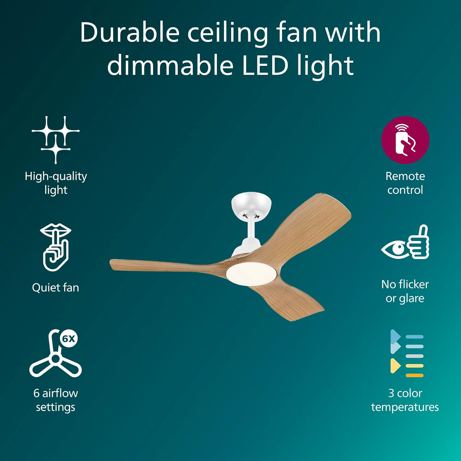 Thumbnail 1 de Philips Olas Ceiling Fan with 24W LED Light and DC Motor (3 Blades) – 42", white and wood