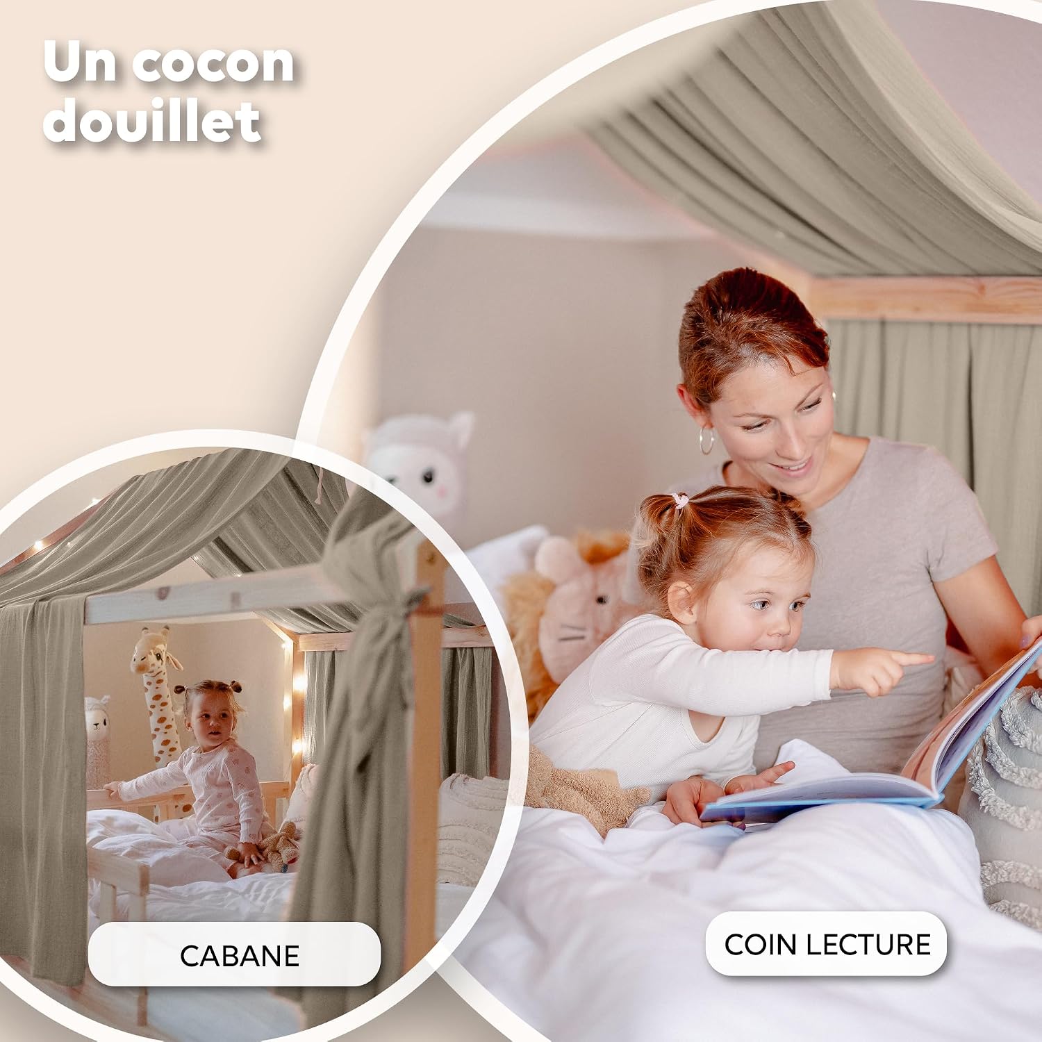 Detalle de lilimaus BH-HB-135x320-HELLBEIGE bedhemel, set van 2 in lichtbeige katoen