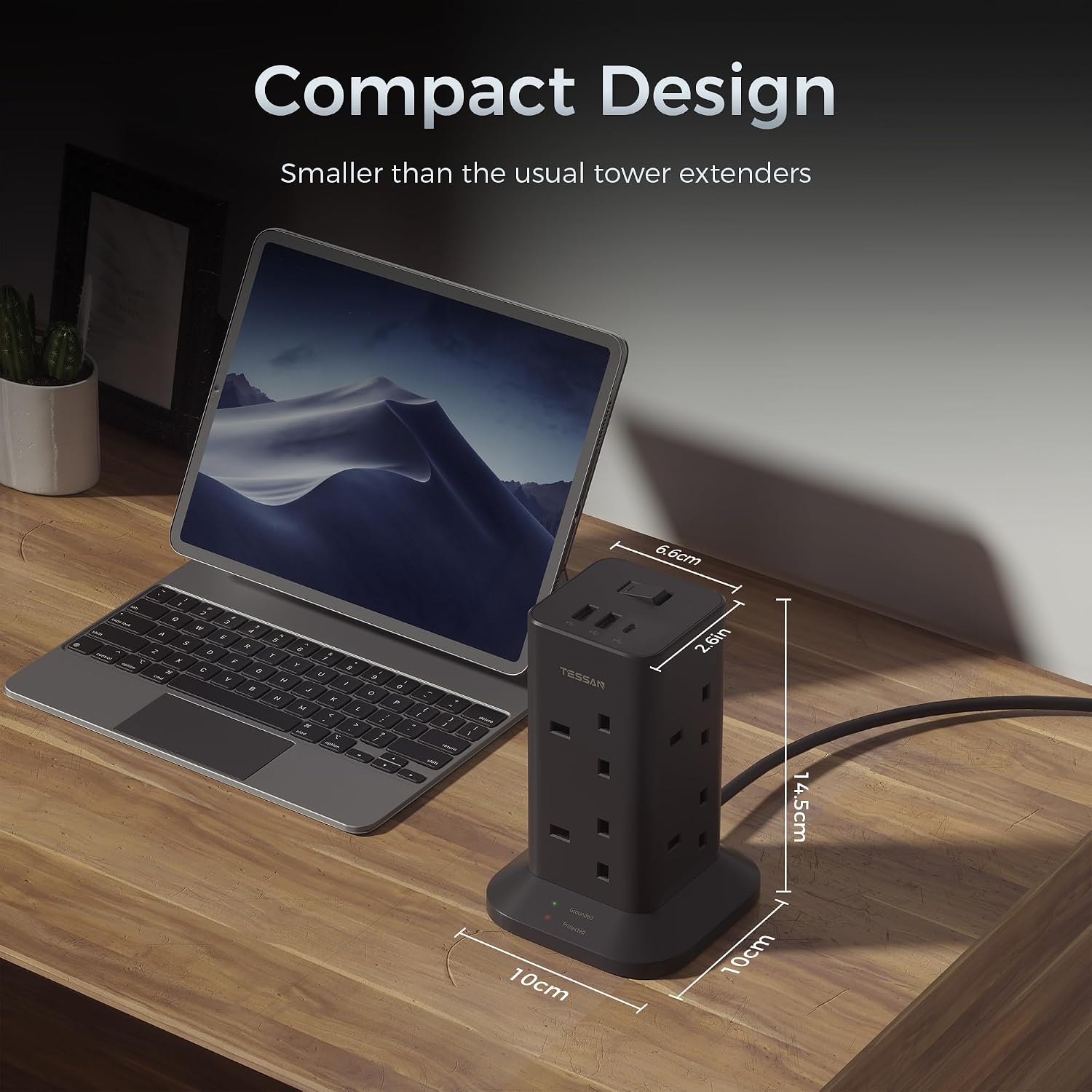 Detalle 2 de TESSAN Tower Black 8-Way Extension Lead with USB-C and USB-A Ports (2m) — Surge Protected