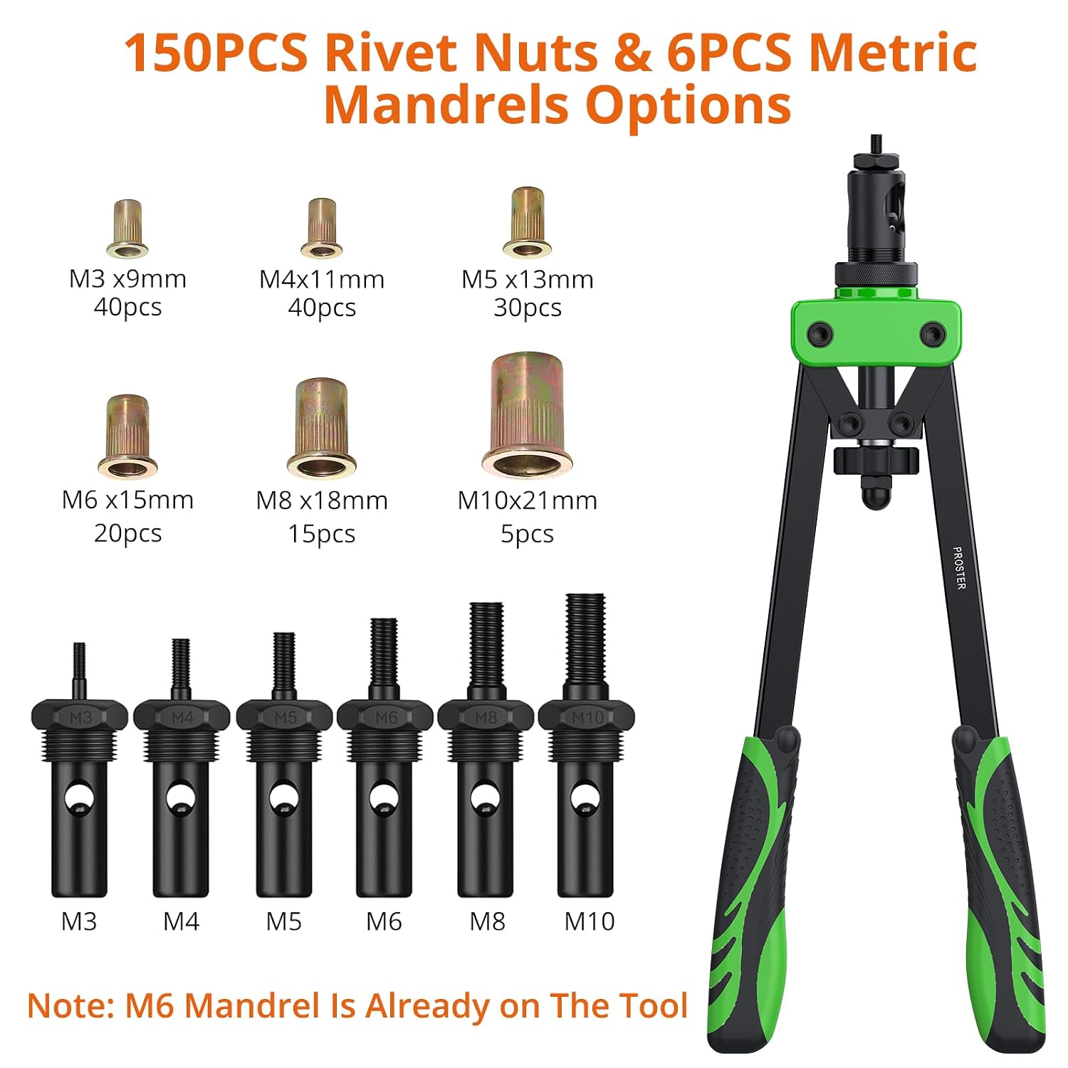 Detalle de Proster 14" Heavy Duty Rivet Nut Gun Kit, 6 Mandrels and 150 Nuts