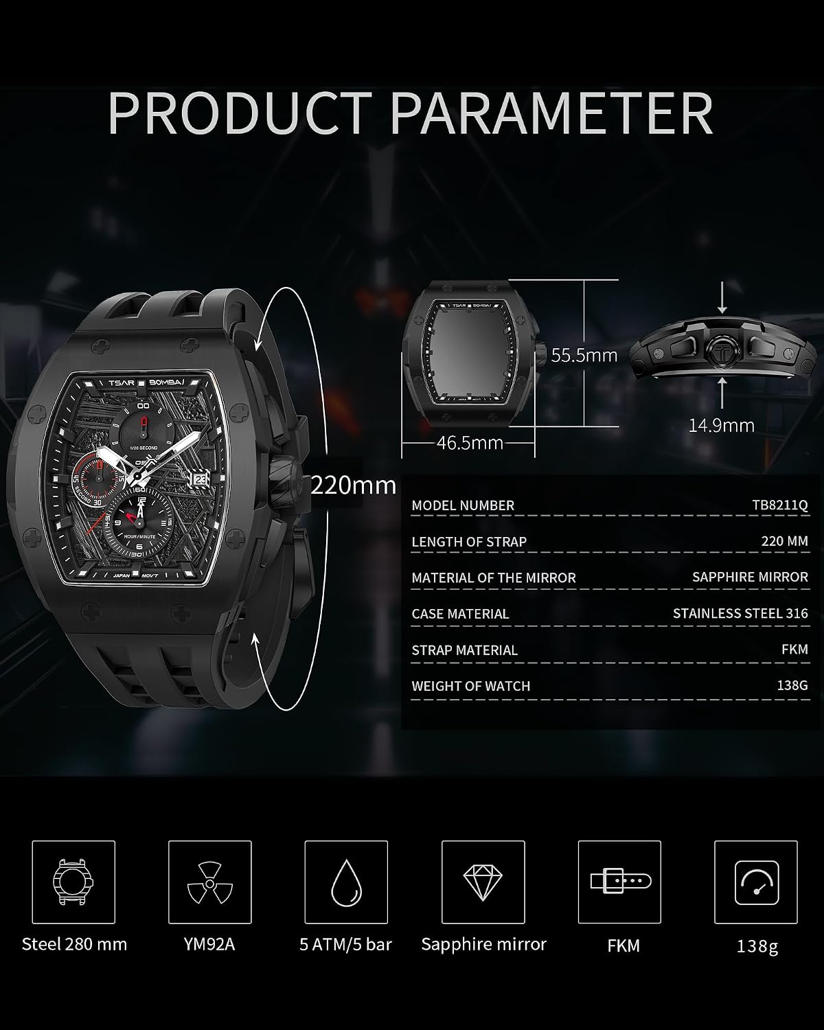 Thumbnail 5 de TSAR BOMBA Orologio Uomo Tonneau Design
