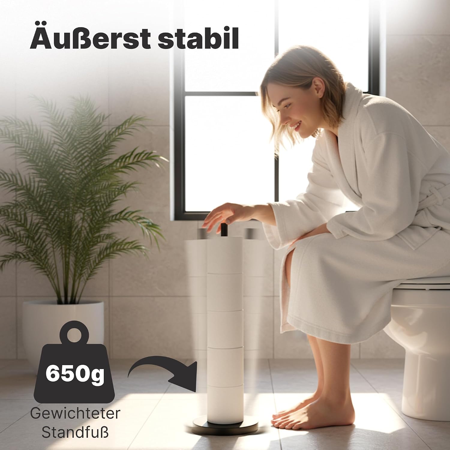Detalle de Minismus Toilettenpapierhalter stehend – Edelstahl, kippsicherer Stand, Platz für 5 Ersatzrollen