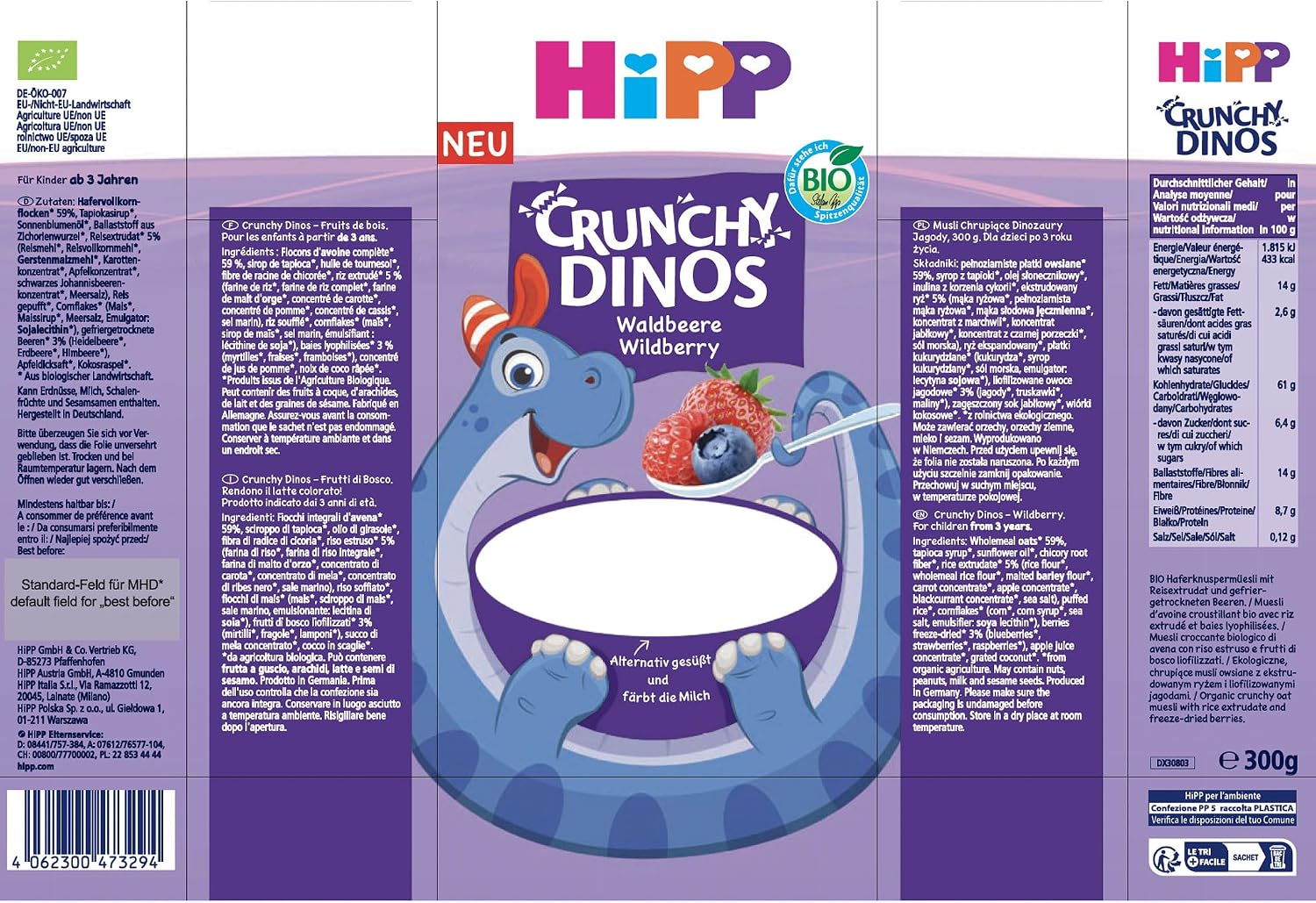Detalle 2 de HiPP Crunchy Dinos Muesli 5x300 g 🥣
