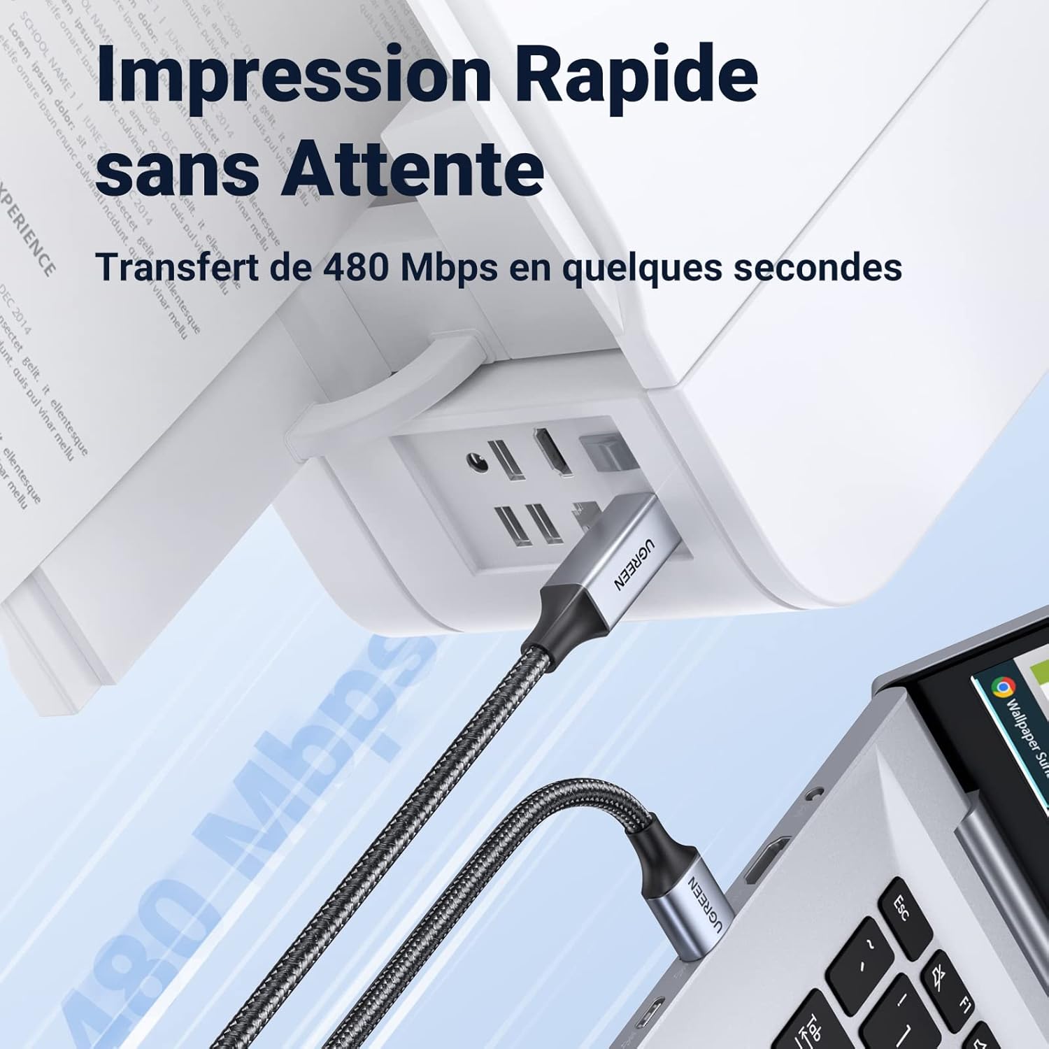 Detalle de UGREEN Câble Imprimante USB 2.0 A vers B, Nylon tressé 1m pour imprimantes HP/Canon/Epson/Brother et plus