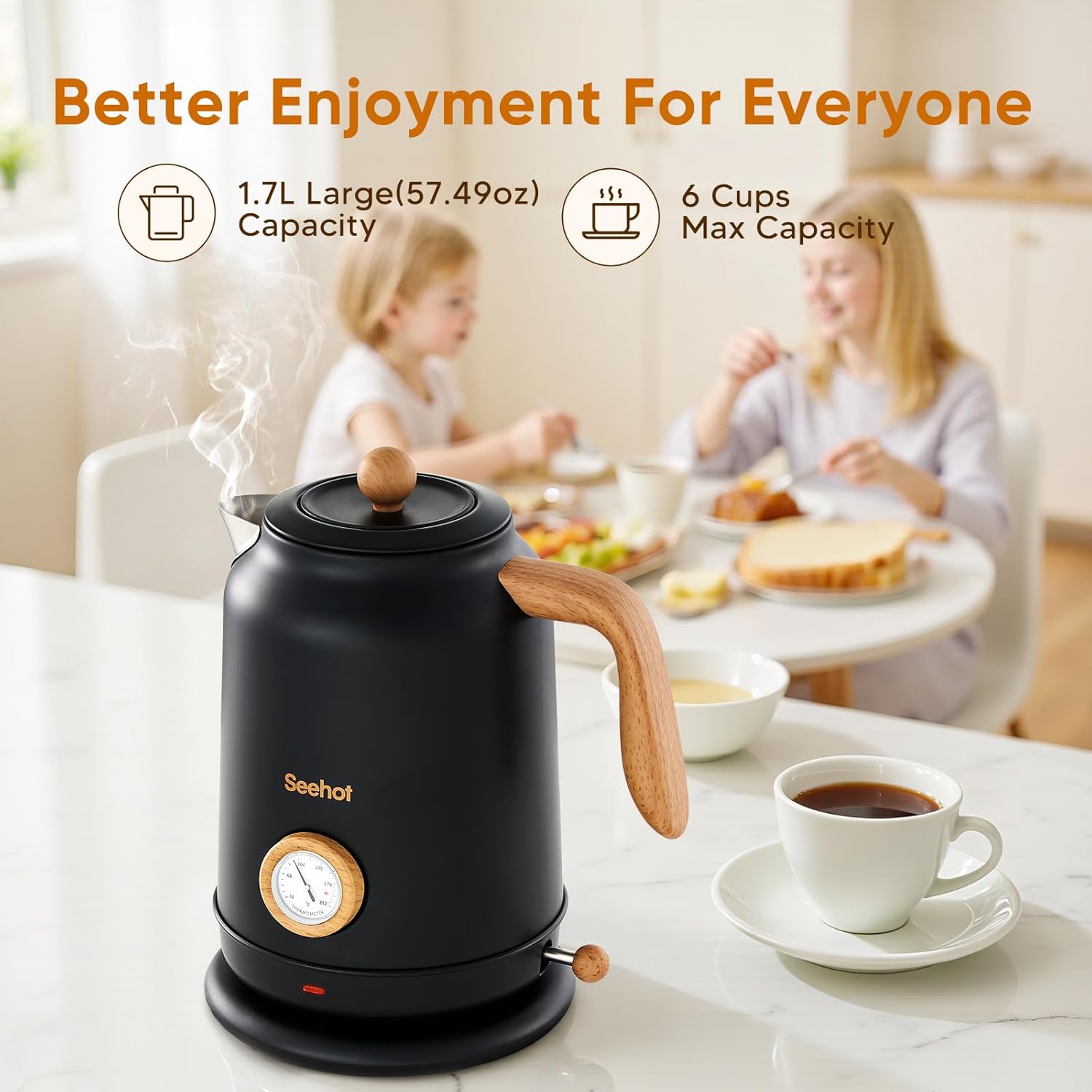 Detalle 2 de Seehot 1.7L Electric Kettle with Thermometer (1200W) – 304 Stainless Steel, Auto Shut-Off, Black