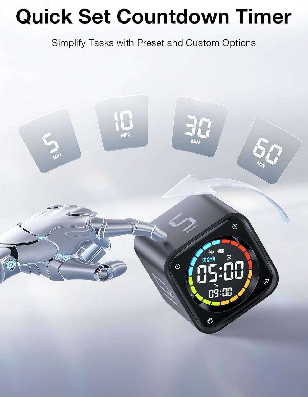 Detalle de Ticktime TK3 Pomodoro Timer Cube (Desk Productivity Timer) with 5/10/30/60 Presets, Custom Countdown, Stopwatch, Clock & 3 Alarms