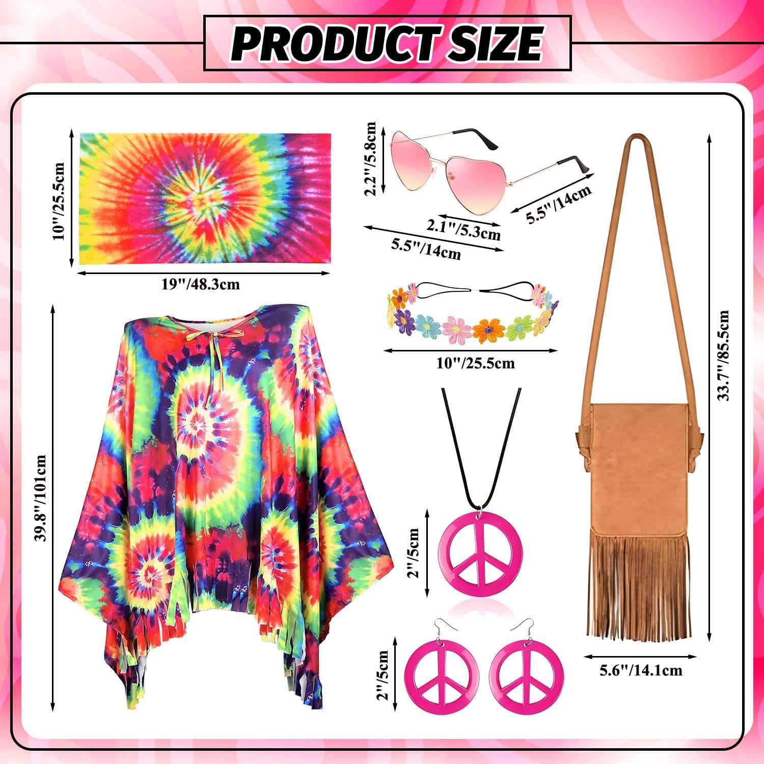 Thumbnail 1 de iZoeL 70s Hippie Costume Set for Women and Men – Batik Poncho, Headbands, Peace Necklace & Accessories