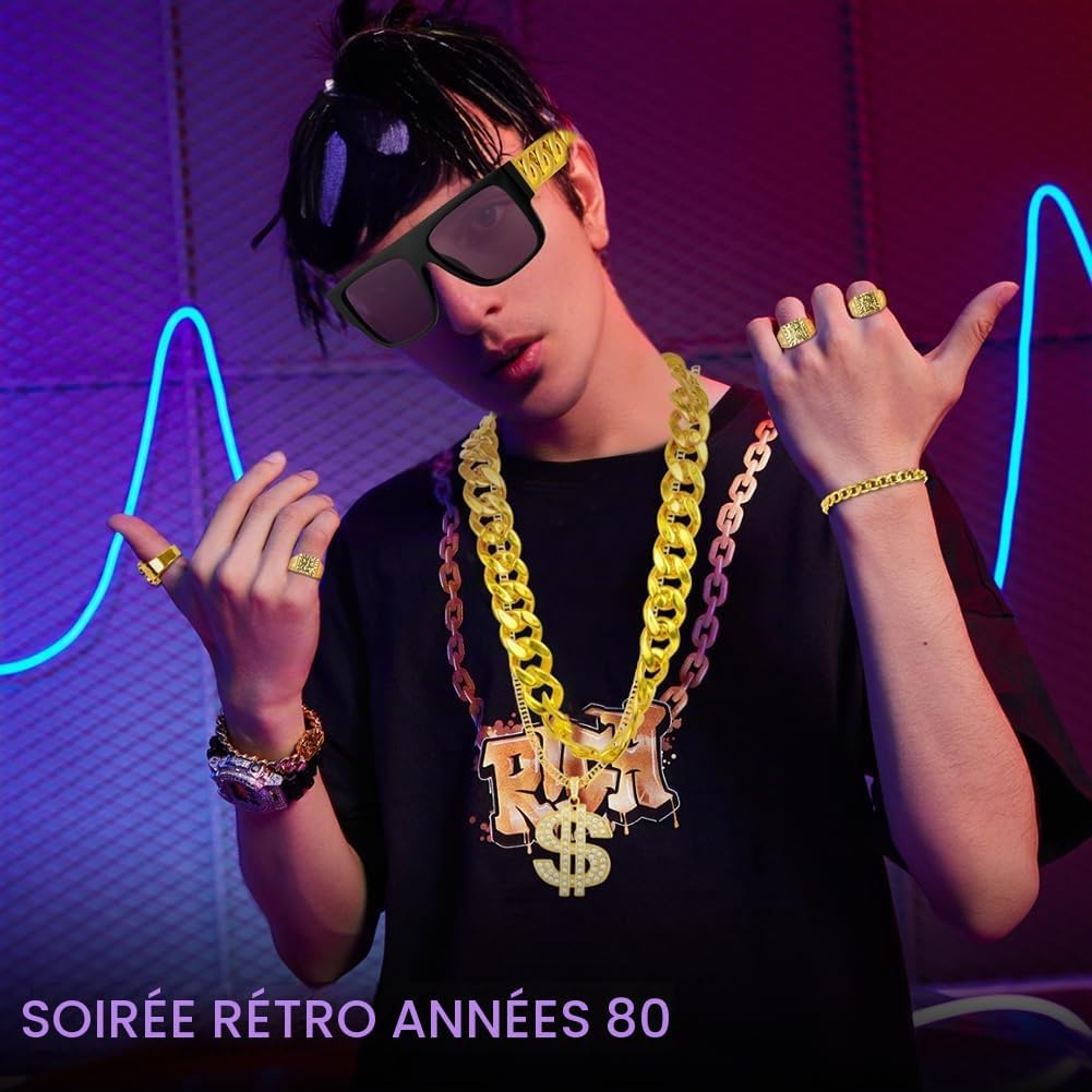 Thumbnail 1 de BSBUY 10-delige hiphop-kostuumaccessoireset met gouden kettingen en ringen