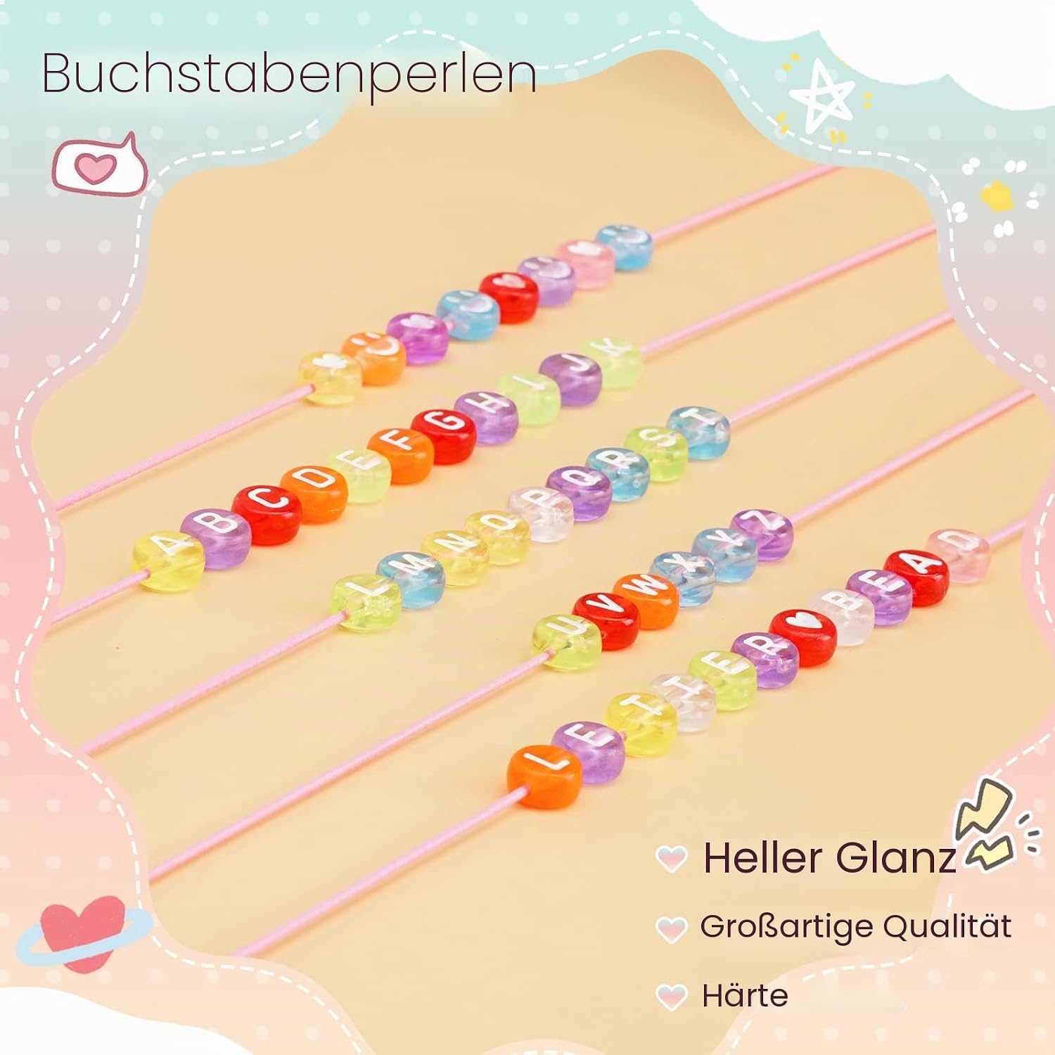 Detalle 2 de FZIIVQU Buchstaben Perlen Kit – 1450 Teile, Acryl 4x7 mm, DIY Freundschaftsarmbänder mit A–Z, Herz- und Smiley-Perlen