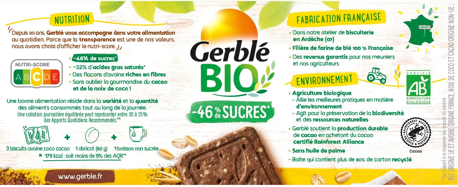 Thumbnail 3 de GERBLÉ Bio – Biscuits Avoine Cacao Coco (cacao durable), réduits en sucres, riches en fibres, 4 sachets individuels