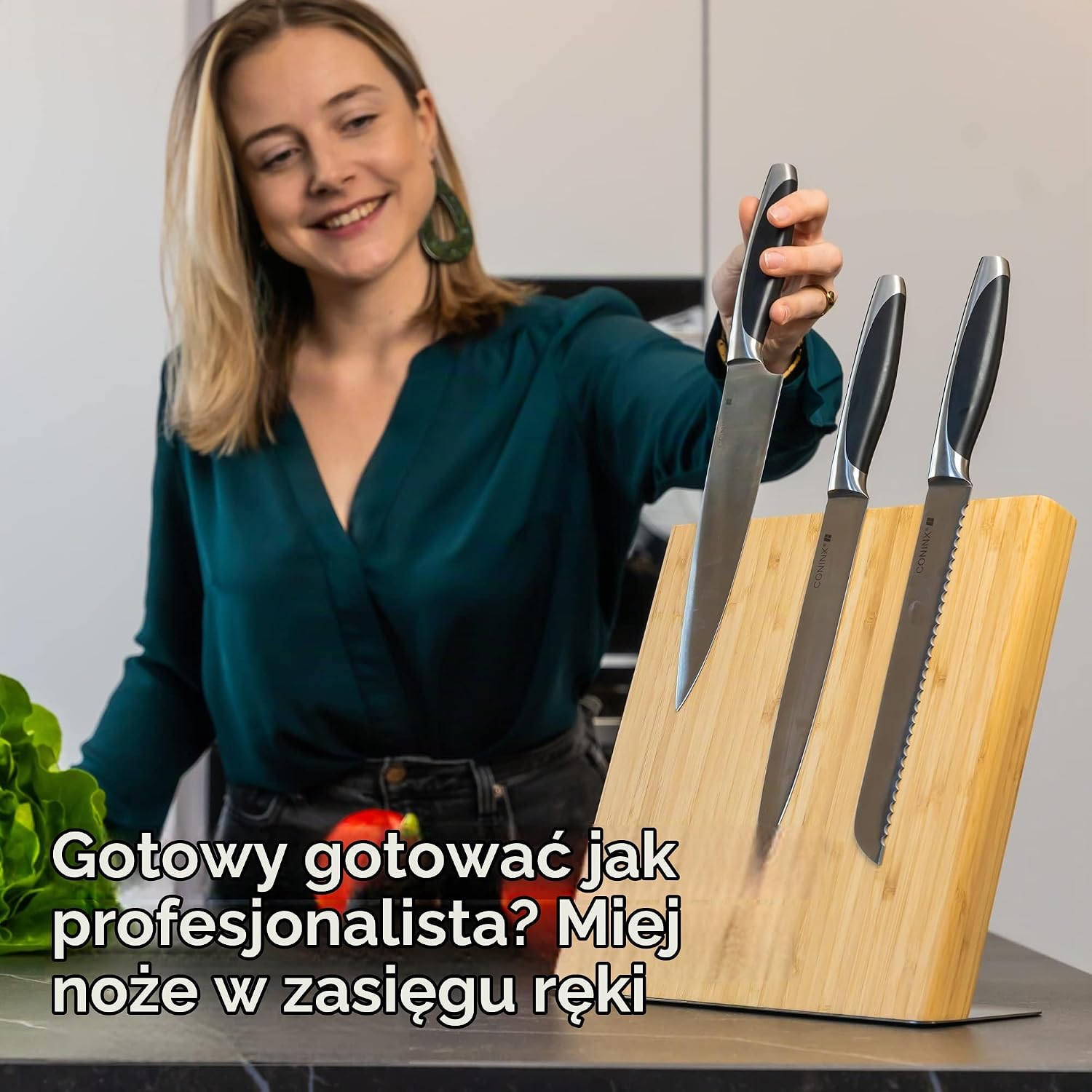 Detalle 2 de Coninx MH00004 – magnetyczny blok na noże z bambusa, 27,5 × 27,5 cm
