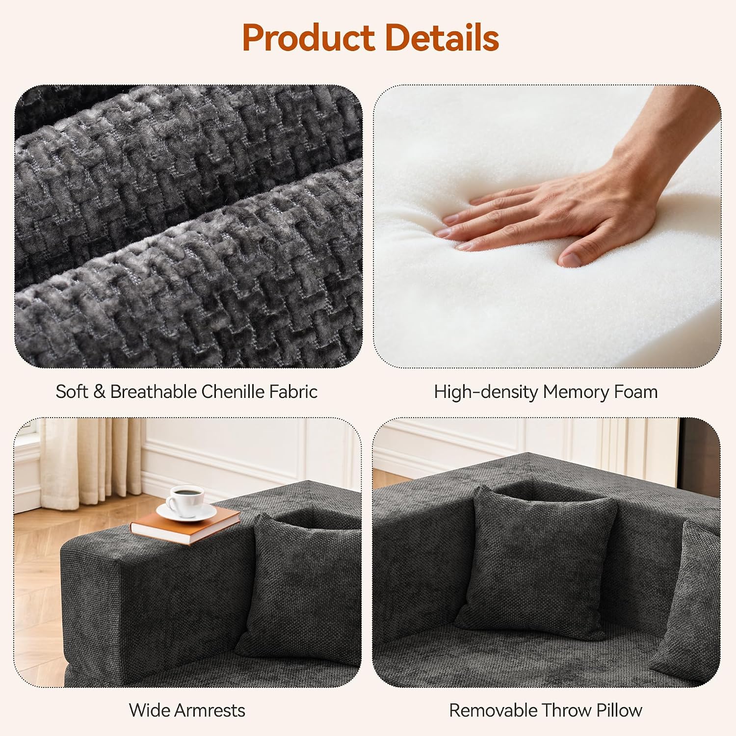 Detalle de MONVANE Modular Sectional Sofa, 8-Seat U-Shaped Chenille Couch in Grey