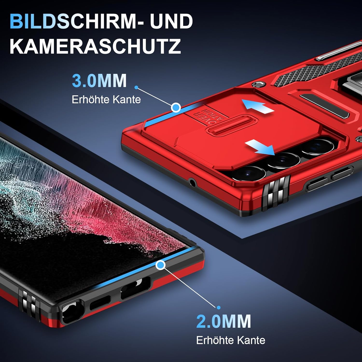 Thumbnail 2 de Handyhülle Samsung Galaxy S22 Ultra mit Slide Camera – 360° Metallring, Stoßfest und Ständer (Rot)