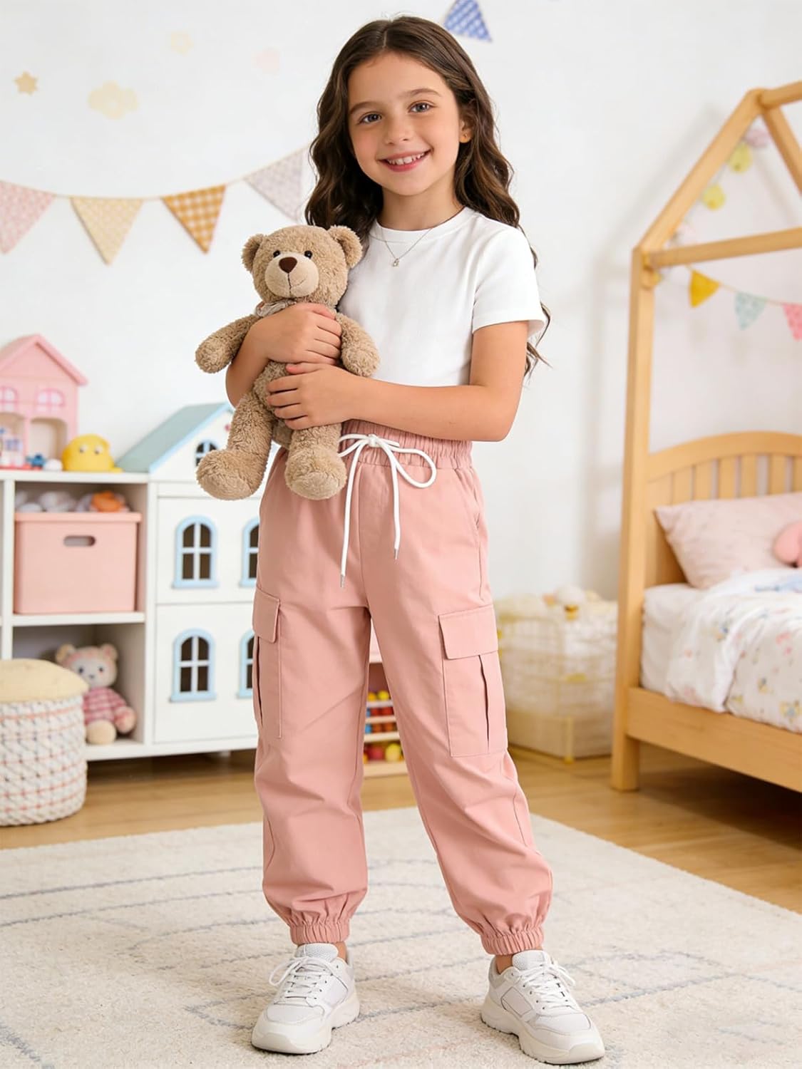 Thumbnail 2 de JiAmy Girls Cargo Trousers: Elastic Waist Baggy Parachute Joggers for 5–14 Years