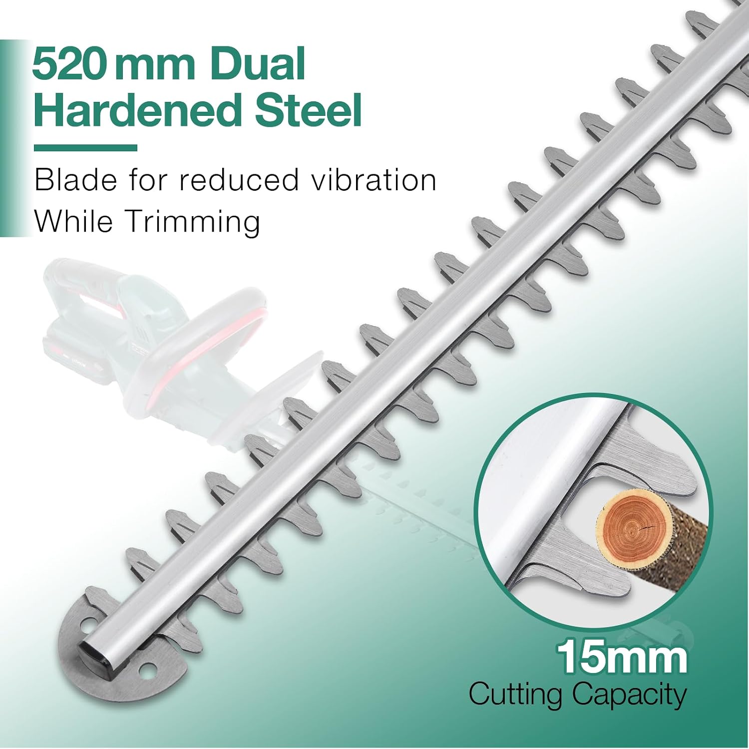 Detalle de POSENPRO 20V Cordless Hedge Trimmer — Lightweight, Dual-Action 520mm Blade with 2.0Ah Battery