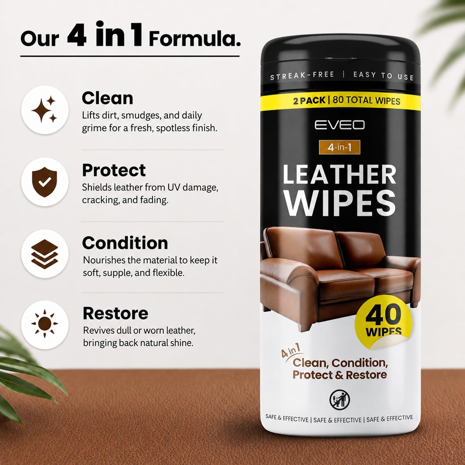 Detalle 2 de EVEO CAC6 Leather Wipes, 4-in-1 Cleaner and Conditioner, 80 Count