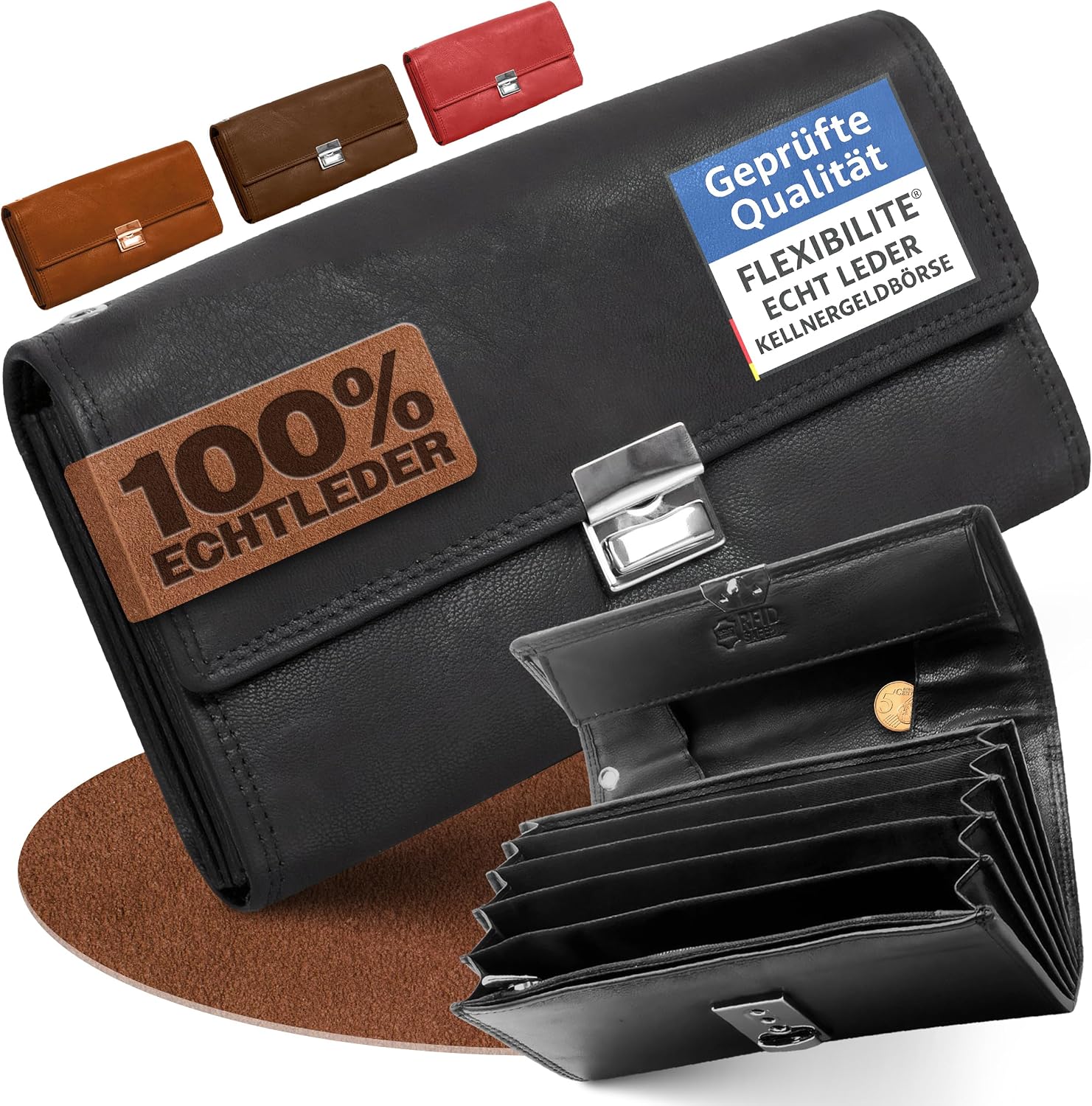 Detalle de FLEXIBILITE Kellner-Geldbörse aus echtem Leder mit RFID, Schwarz – Kellnerportemonnaie (18,5 x 9,5 x 4,5 cm)