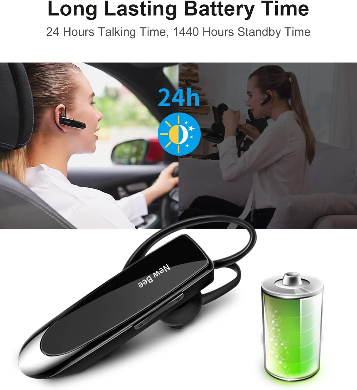 Thumbnail 2 de New Bee Bluetooth Earpiece V5.0 Wireless Handsfree Headset w/ Microphone (Black) – CVC 6.0, 24H Talk Time