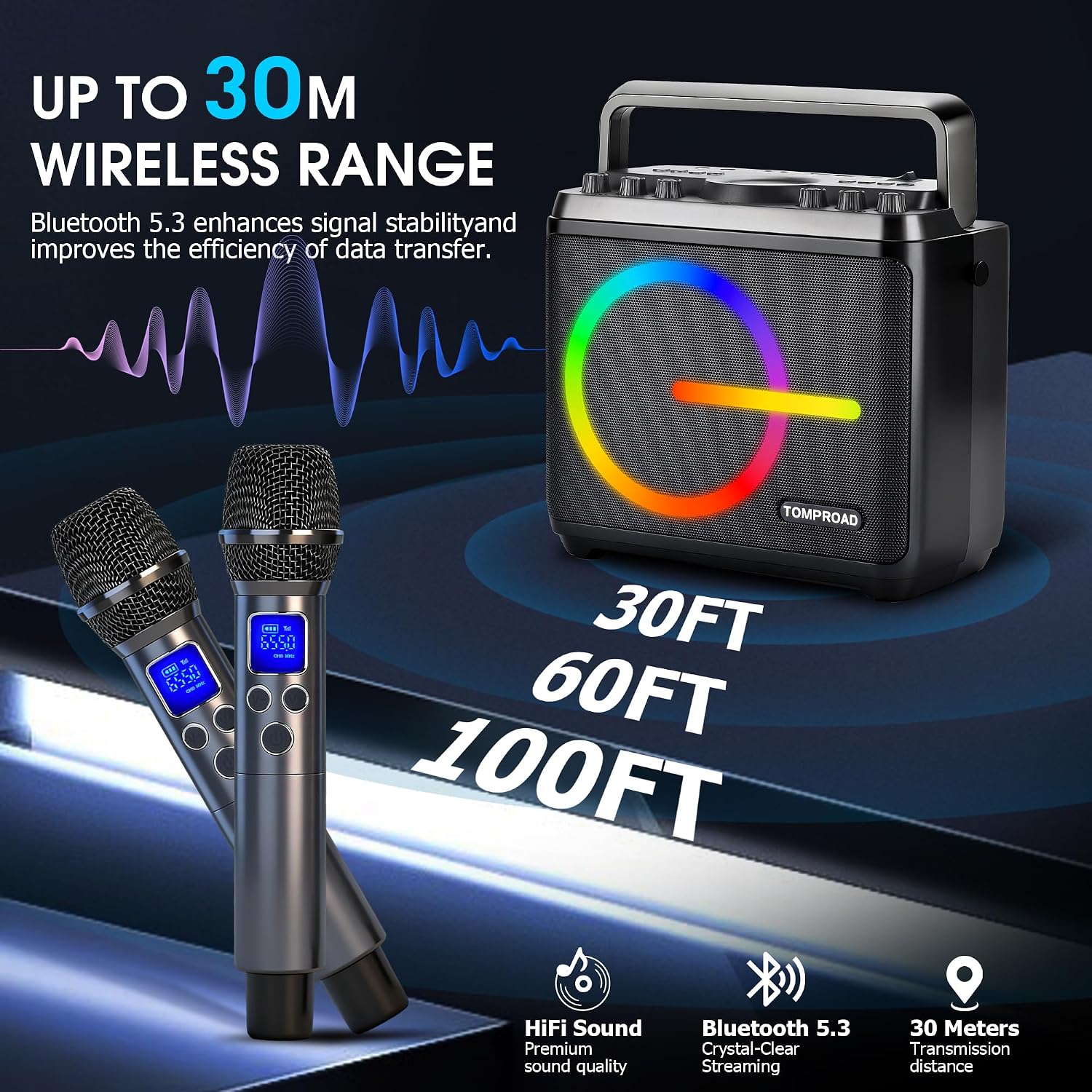 Thumbnail 5 de TOMPROAD A55 Karaoke Machine with Two Wireless Mics and LED Lights