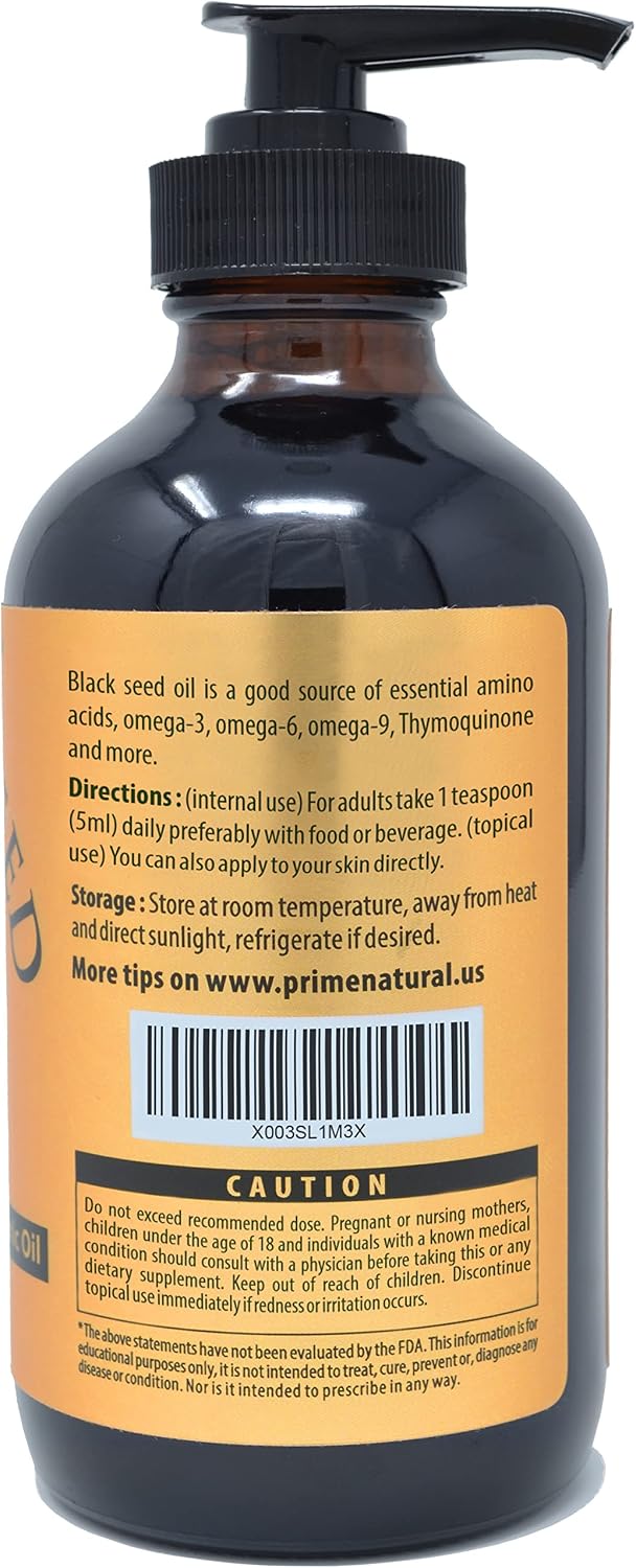 Detalle de PRIME NATURAL Organic Black Seed Oil, Cold-Pressed, 16 oz