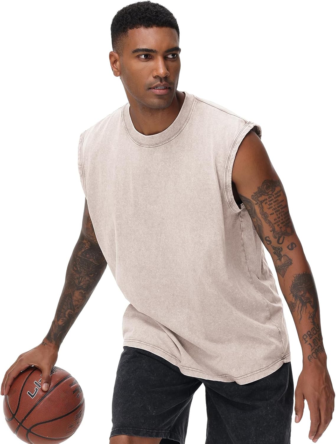 Detalle de Herren Kurzarm Sommer ärmelloses Fitness-Shirt „Washed“ aus Baumwolle – Muskelshirt fürs Training