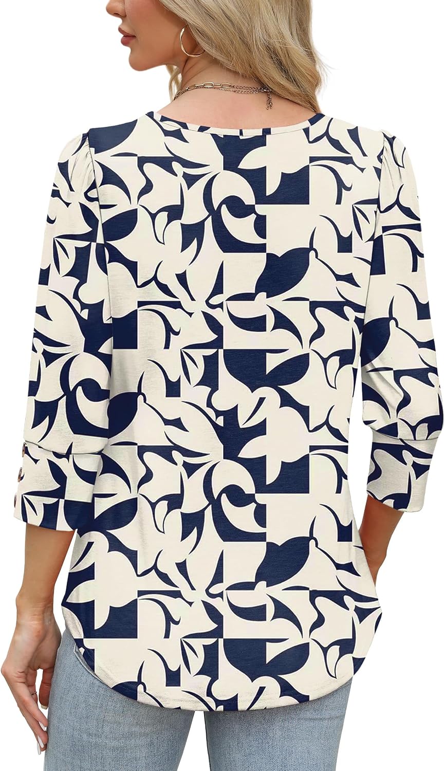 Detalle 1 de WIHOLL 3/4-Sleeve V-Neck Women's Top with Button Cuffs and Curved Hem