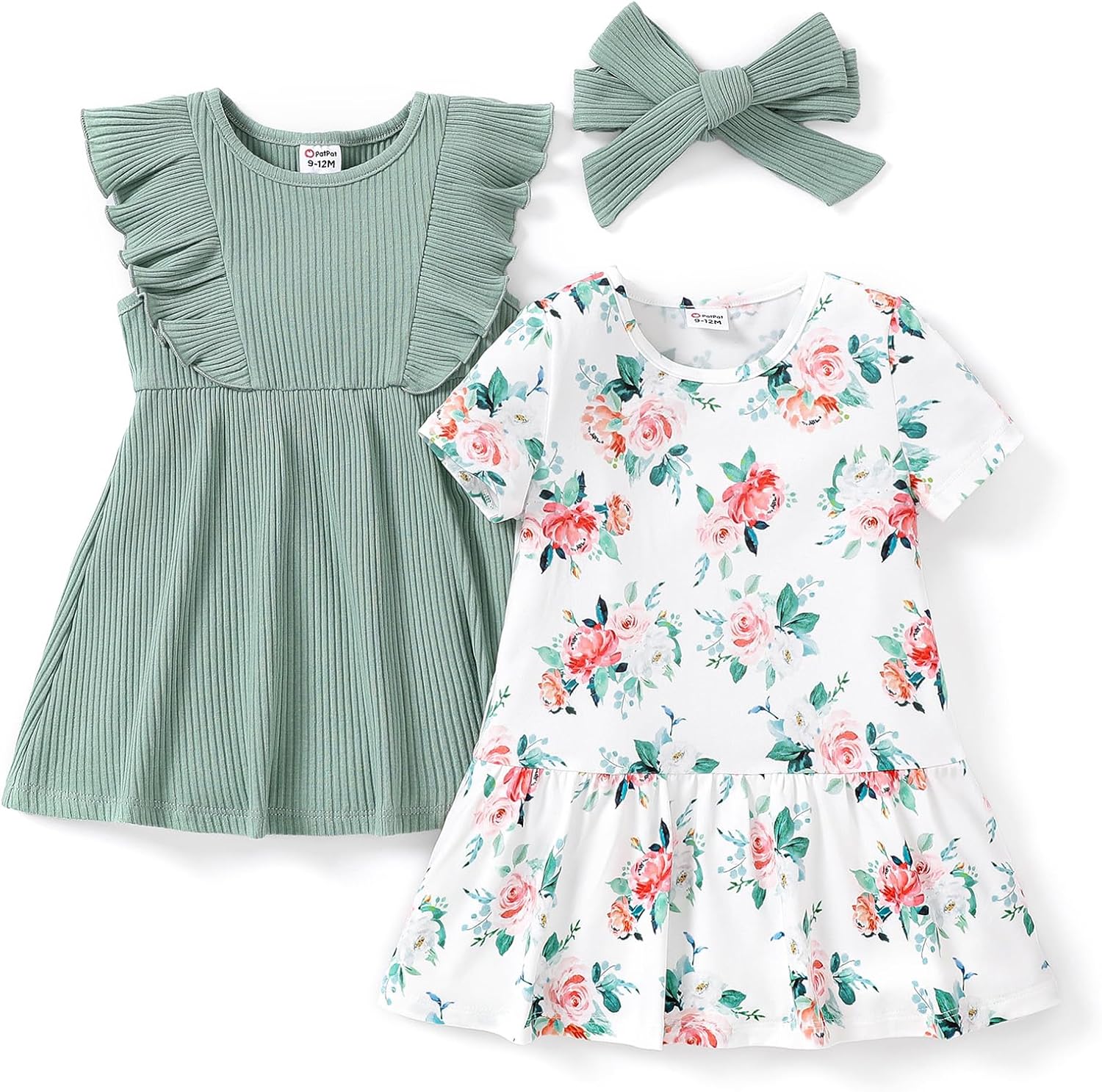 PatPat lot de 2 robes d’été pour bébé fille (sans manches, volantées + imprimé floral) avec bandeau