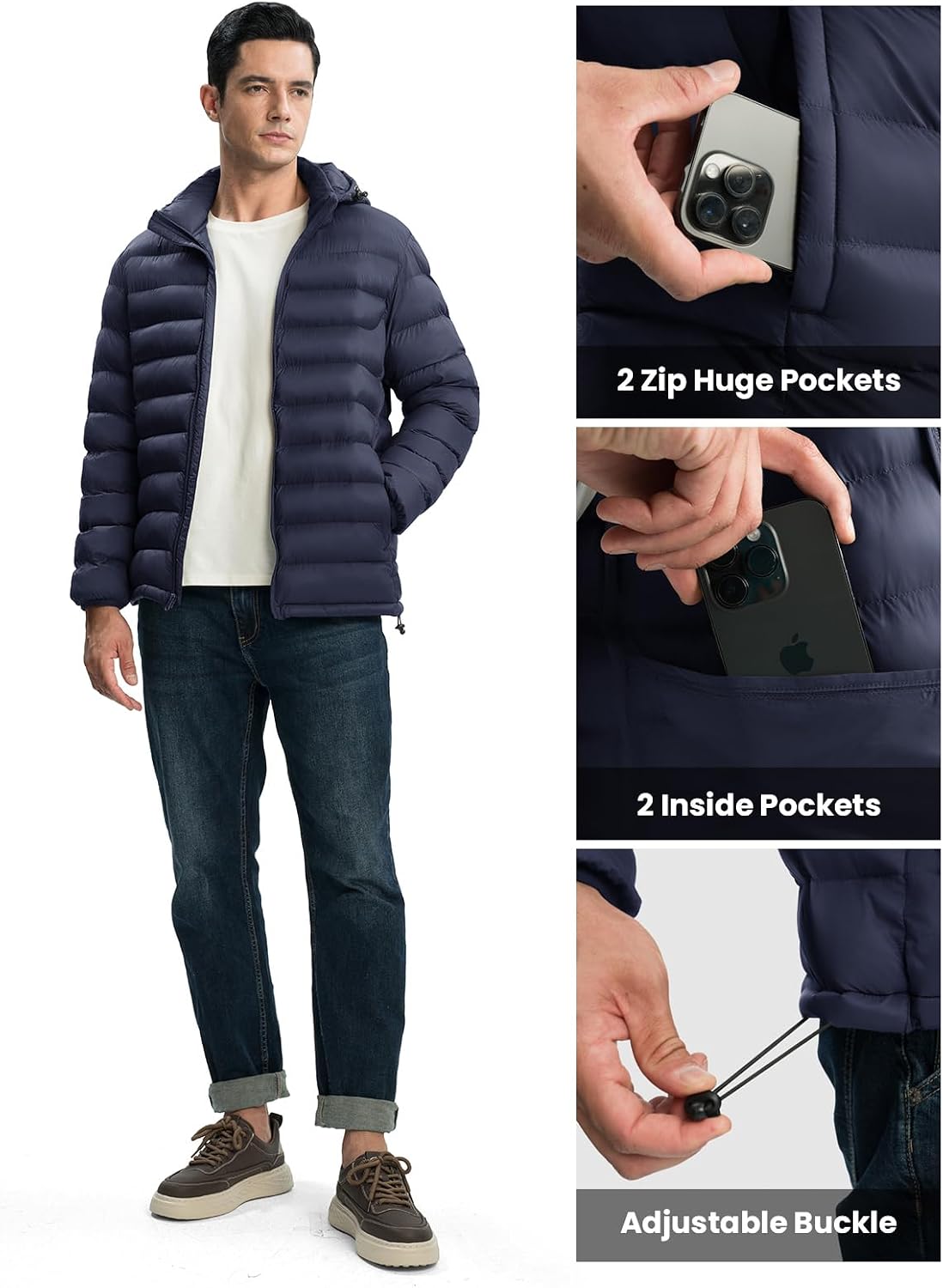Detalle 1 de TBMPOY Men’s Lightweight Puffer Jacket with Detachable Hood, Water-Resistant Finish