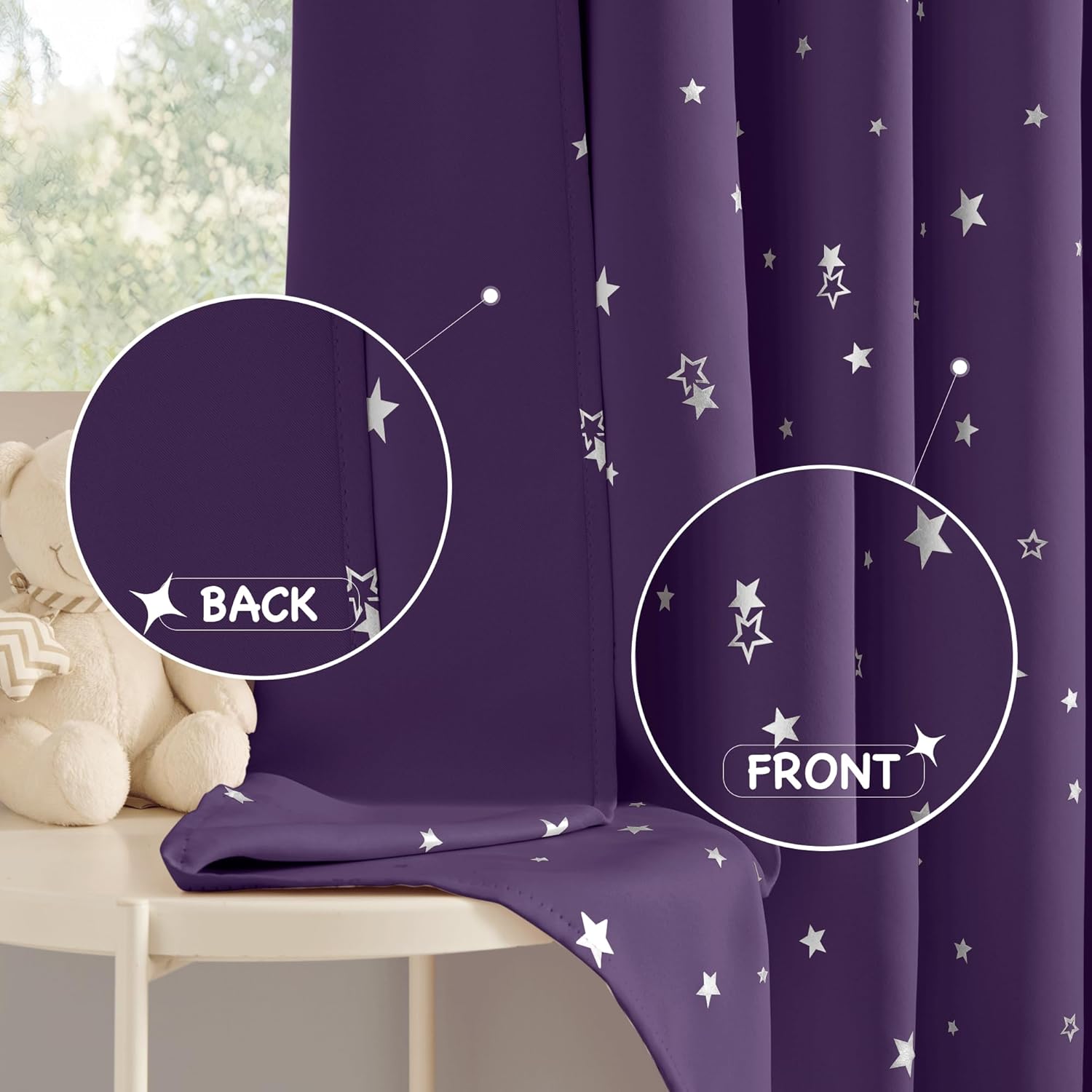 Thumbnail 3 de PONY DANCE Kids Blackout Curtains W46 x L72 – Nursery thermal stars eyelet panels in purple (2-pack)