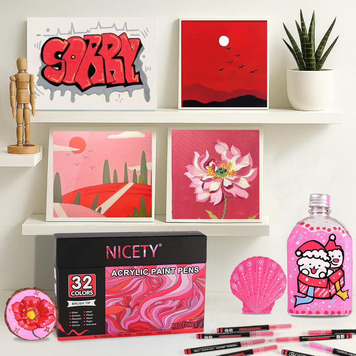 Thumbnail 6 de NICETY 32-Colour Acrylic Paint Pens with 1–5mm Brush Tips (Red)