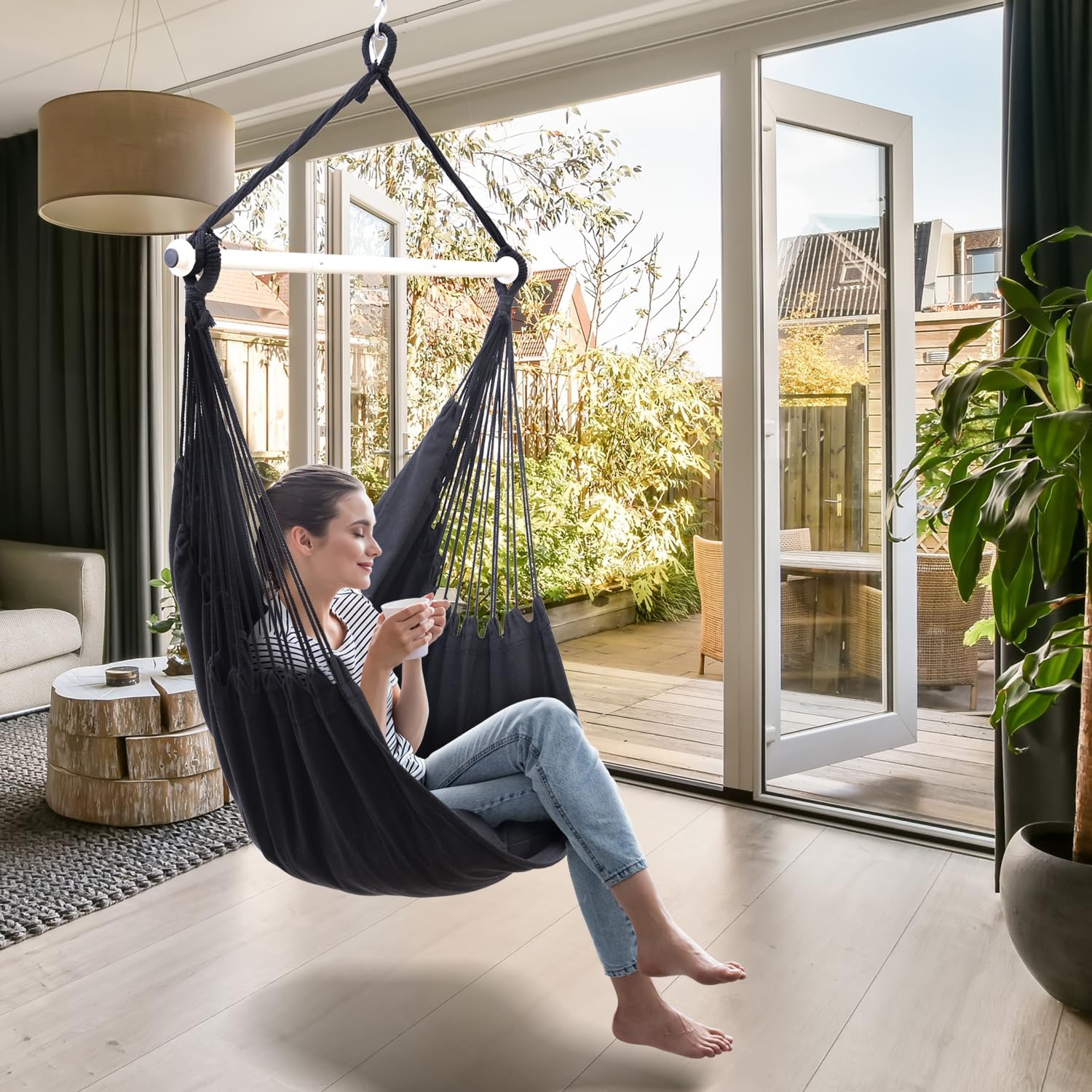 Thumbnail 1 de Ohuhu Hängesessel mit 2 Kissen und Deckenhaken-Kit – Outdoor XL bis 150 kg, Indoor/Outdoor, Schwarz