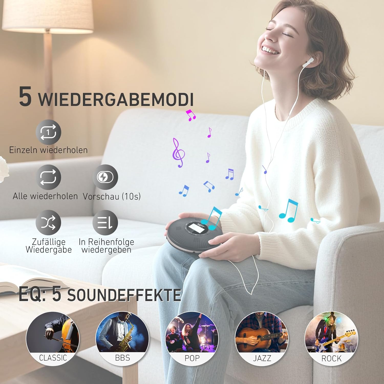 Thumbnail 5 de HOTT tragbarer Bluetooth-CD-Player mit 4 Lautsprechern, FM-Transmitter, Anti-Skip und 1800-mAh-Akku – Schwarz