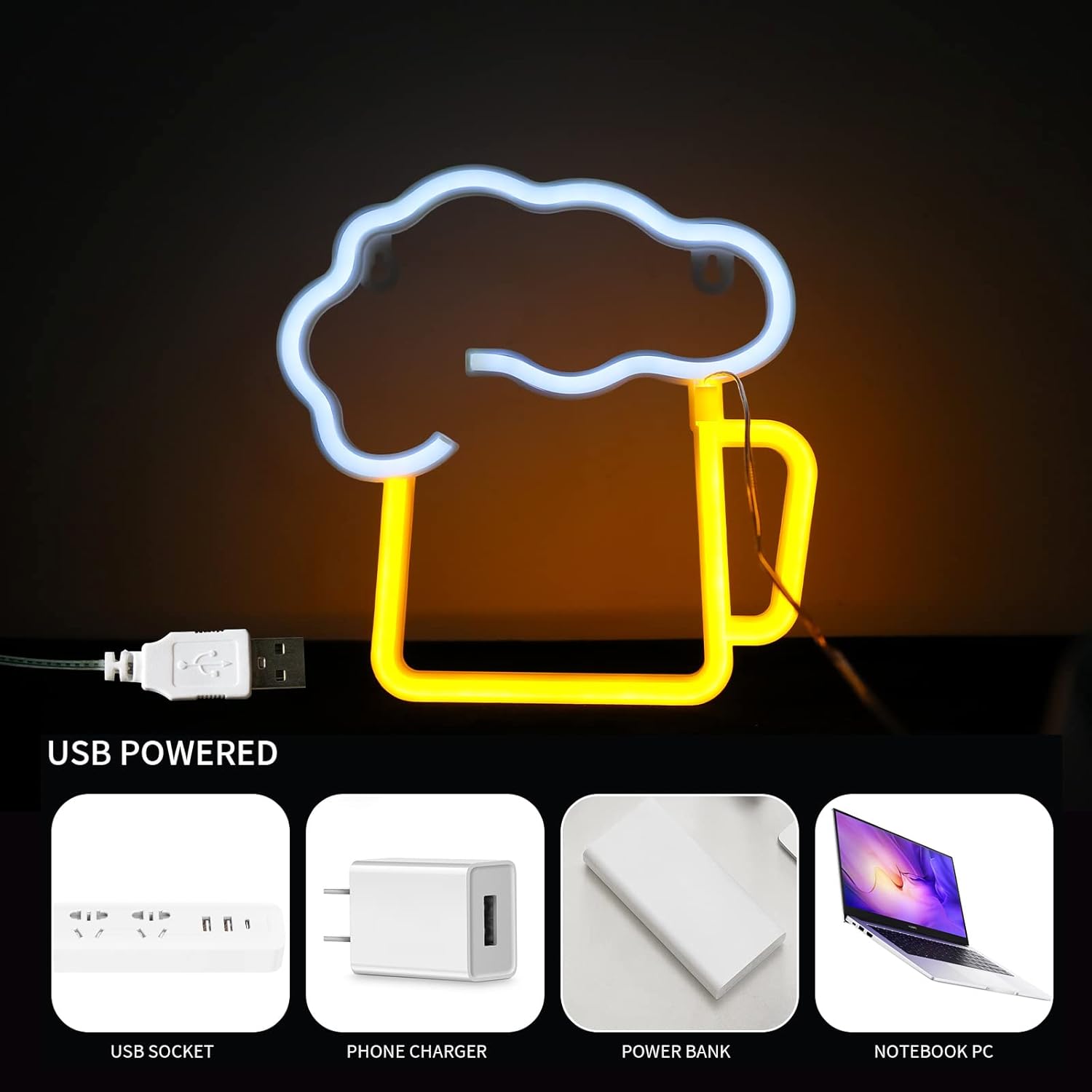 Detalle de DWOOKE Beer Neon Signs: Battery and USB Operated Neon Light for Ambient Room Decor