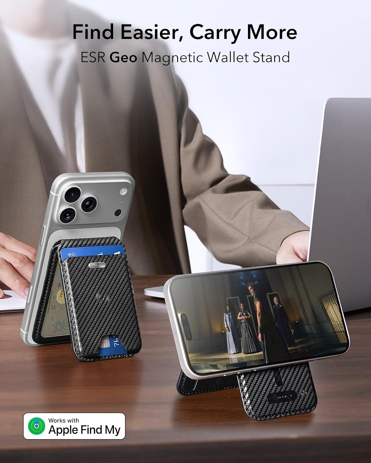 Detalle de ESR Geo for MagSafe Wallet with Find My – 5 Card, RFID Blocking, Black Carbon Fiber (iPhone 12–17 Series, Not for 13/12 mini)