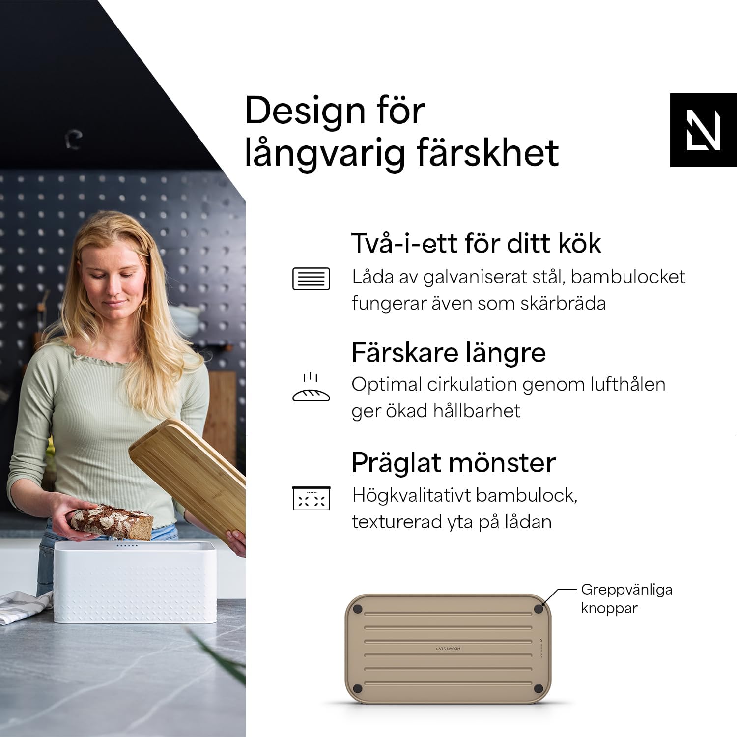 Detalle 2 de LARS NYSØM Glæde brödlåda i metall med bambulock och ventilationshål