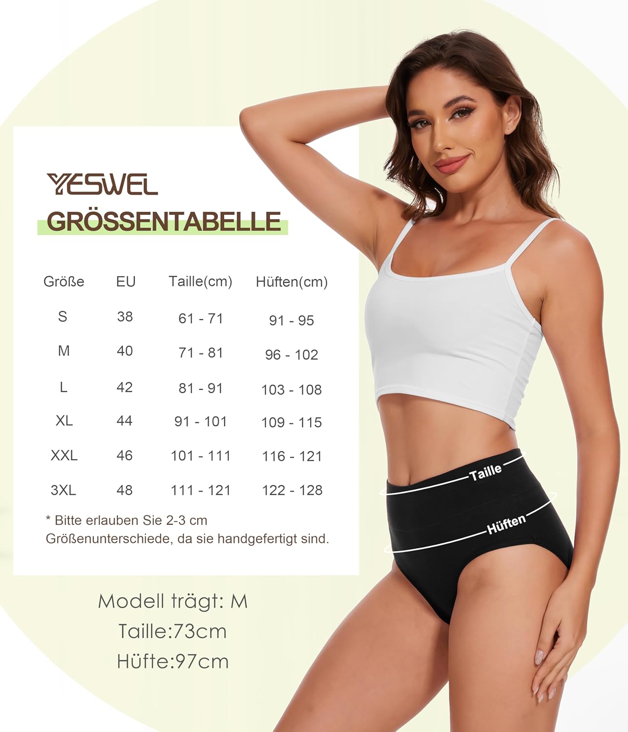 Detalle 2 de YESWEL Damen Unterhosen 5er Pack – Baumwolle Hohe Taille, Hipster, atmungsaktiv (Gr. S-3XL)