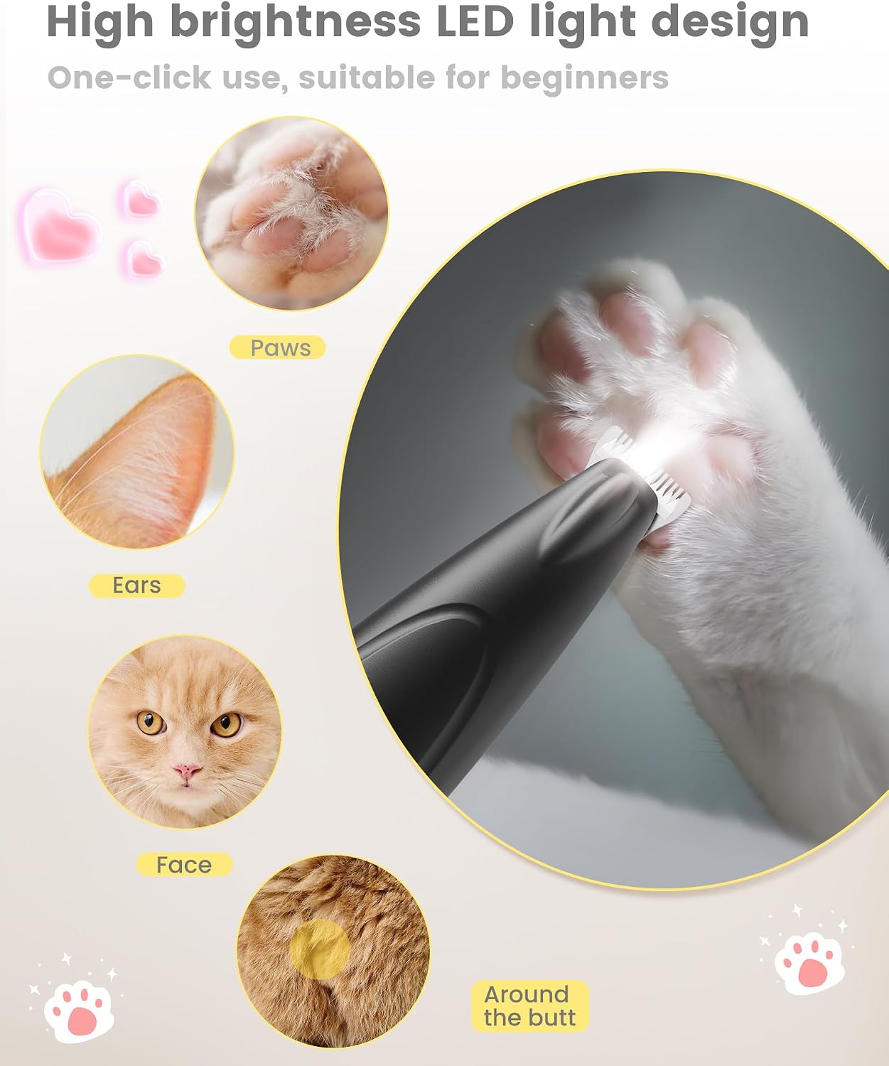 Detalle de Cat Clippers with LED Display: 35dB Ultra-Low Noise Cordless Grooming for Paws, Ears, Face and More