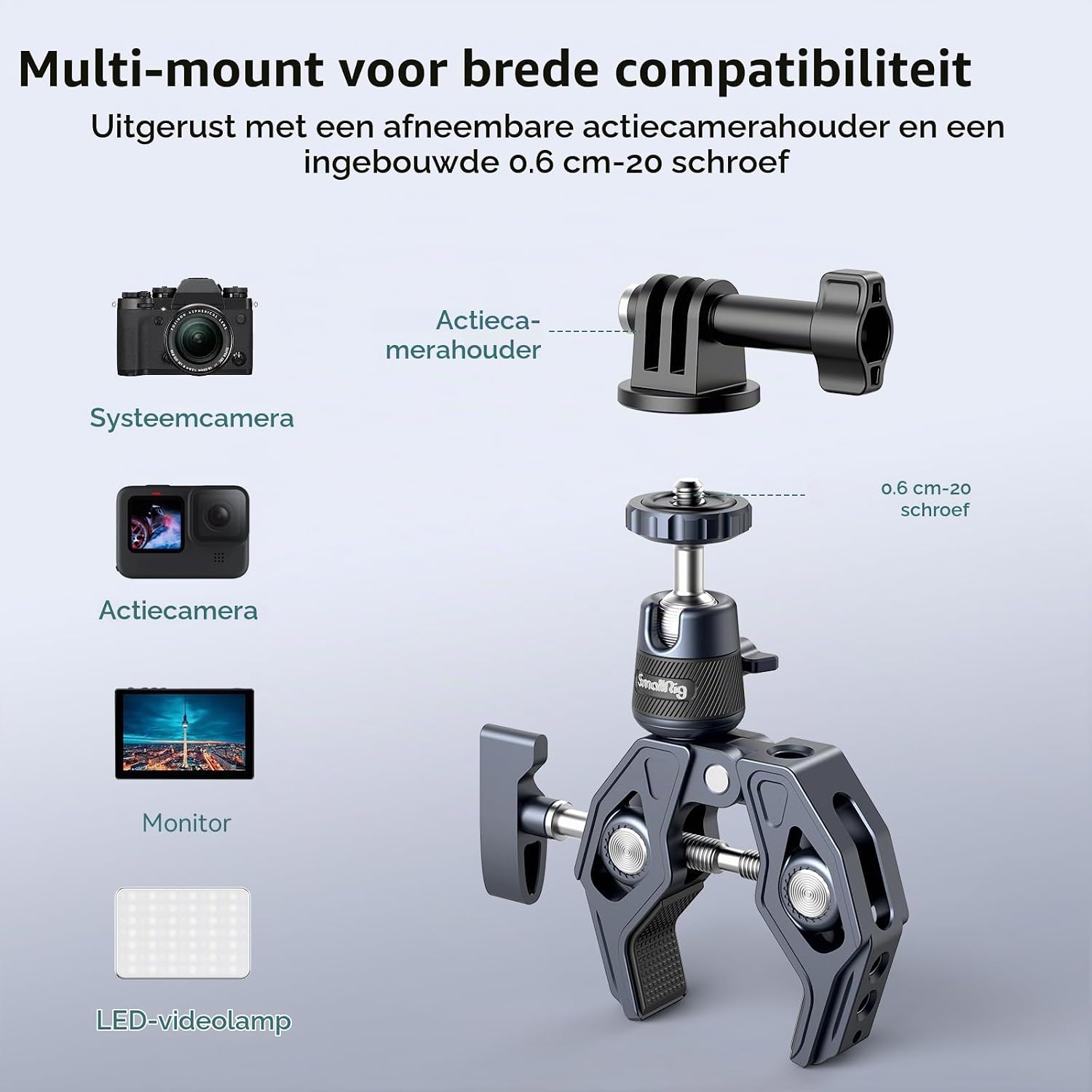 Detalle de SMALLRIG 4102B superklem met balhoofd, actiecamera-adapter en 1/4"-20-aansluiting