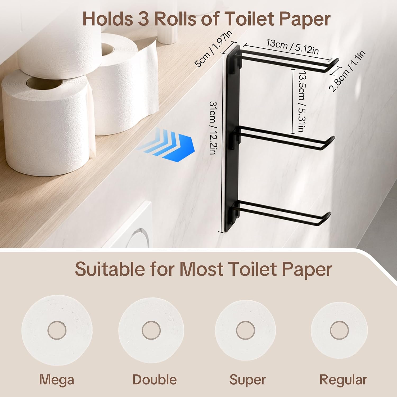 Thumbnail 1 de Cubbiesavor Wall-Mounted 3-Roll Toilet Roll Holder with Self-Adhesive Mounting (Matte Black)