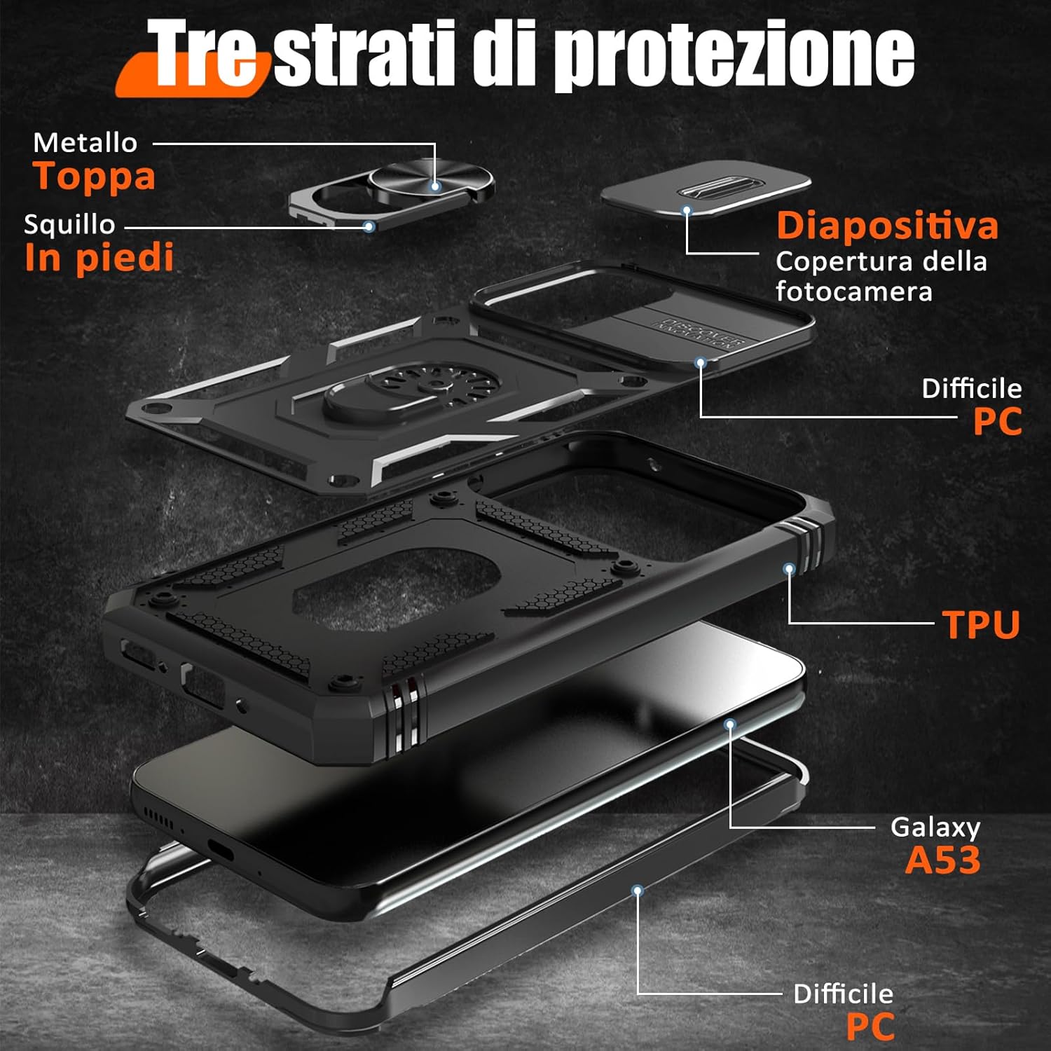 Detalle de Giyer Cover per Samsung Galaxy A53 5G: custodia con vetro temperato, protezione militare e supporto rotante 360°