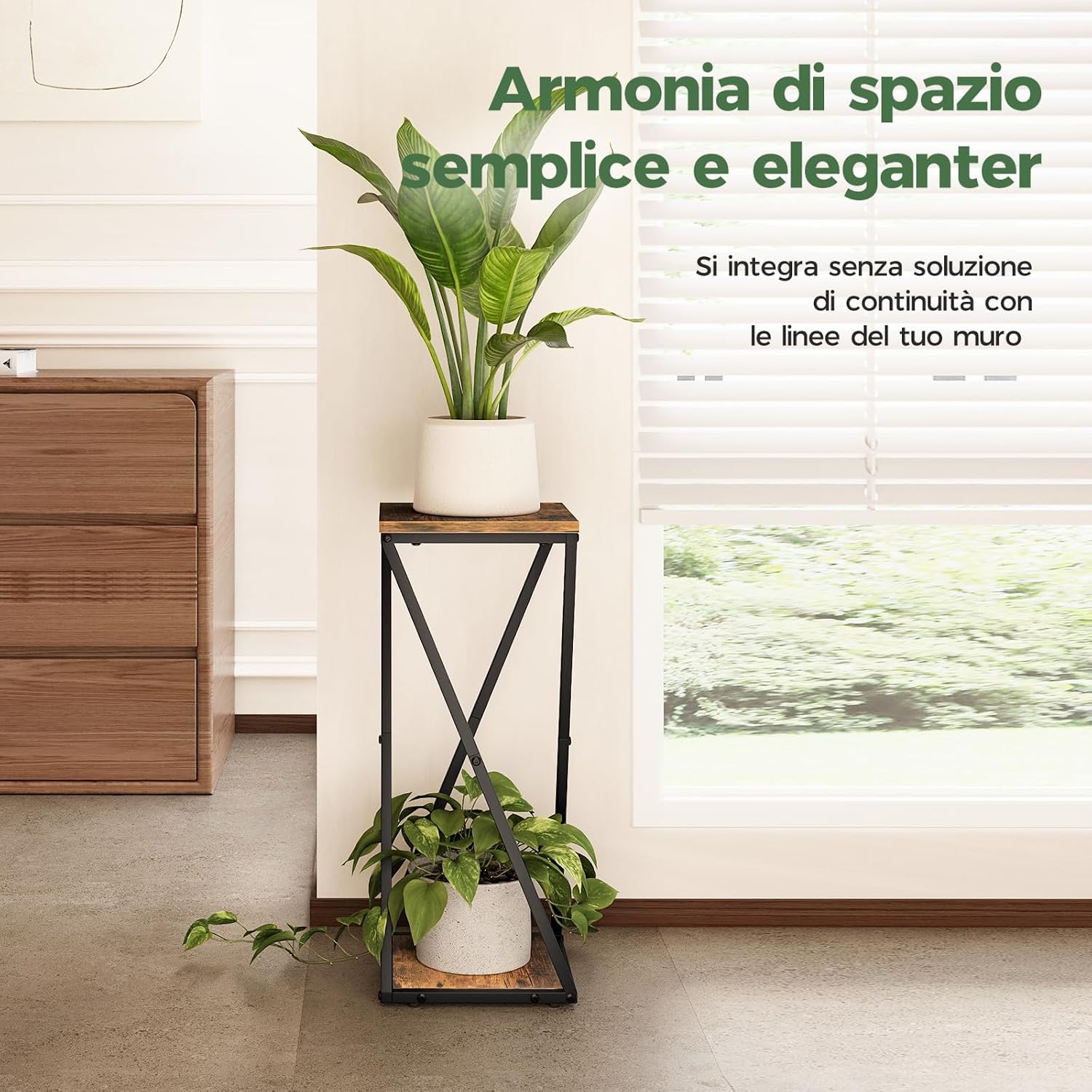 Thumbnail 6 de Bamworld Porta piante da interno in metallo con ripiani in legno – stile industriale a 2 livelli