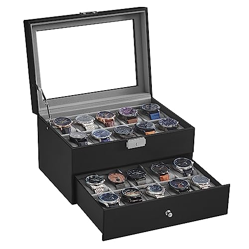 SONGMICS Porta Orologi JWB020: Scatola a 2 Livelli con Coperchio in Vetro, Cuscinetti Rimovibili e Interno Grigio