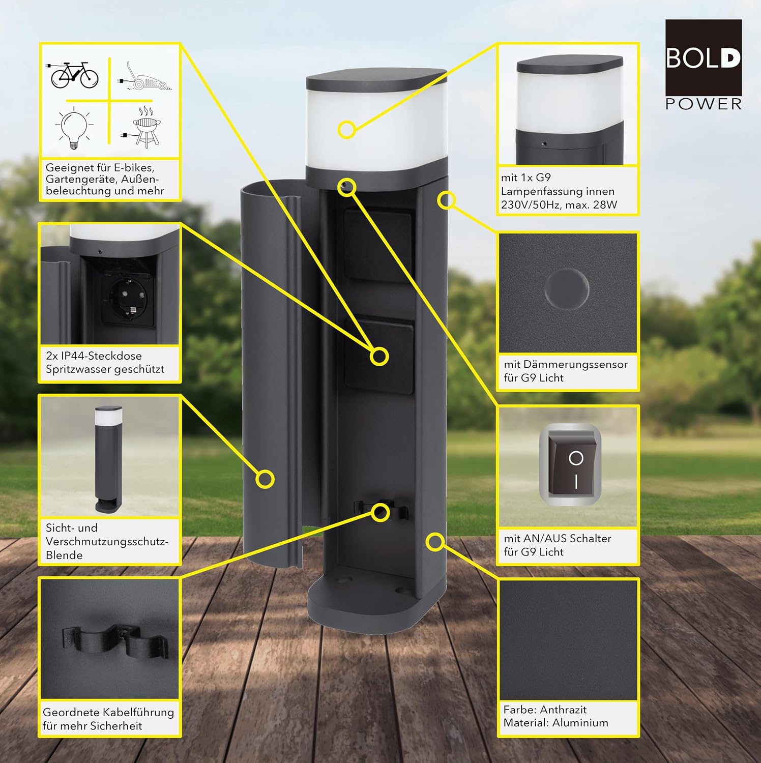 Detalle de BOLD Volo – aluminiowa kolumna ogrodowa z 2 gniazdami Schuko i czujnikiem zmierzchu