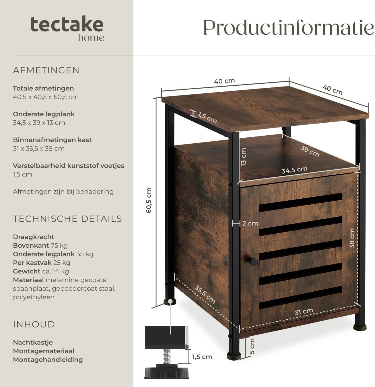 Detalle de tectake Cork 404221 bijzetkast/nachtkastje met zwart stalen frame