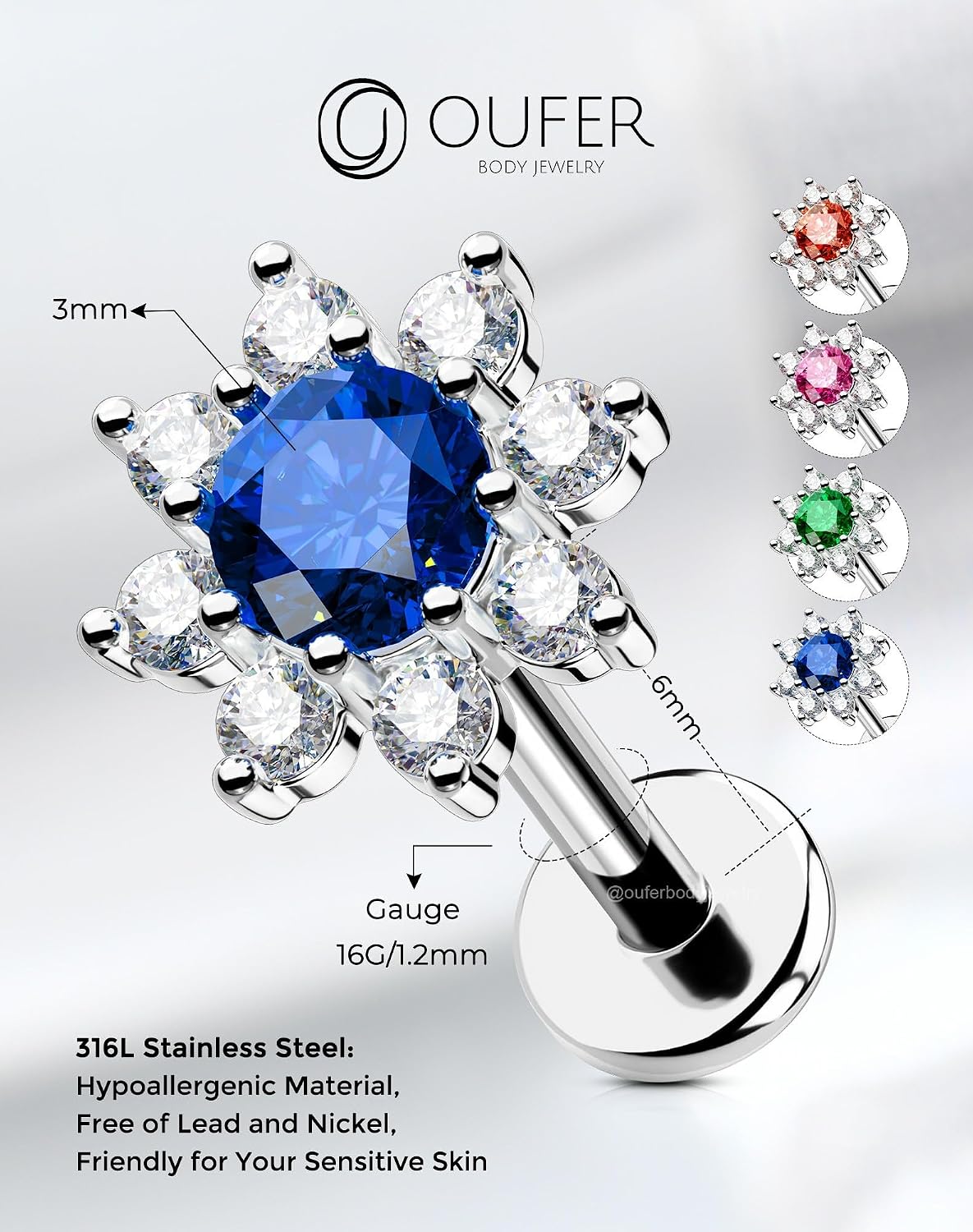 Thumbnail 5 de OUFER 16G Helix piercing 316L CZ Blu